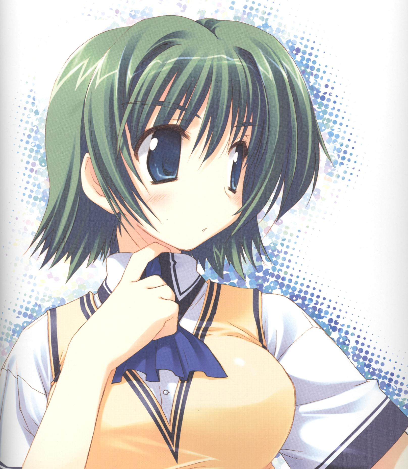amazuyu tatsuki, oba eimi, ooba eimi, comic party, highres, scan, 00s, 1girl, blue eyes, female focus, green hair, school uniform, serafuku, short hair, solo