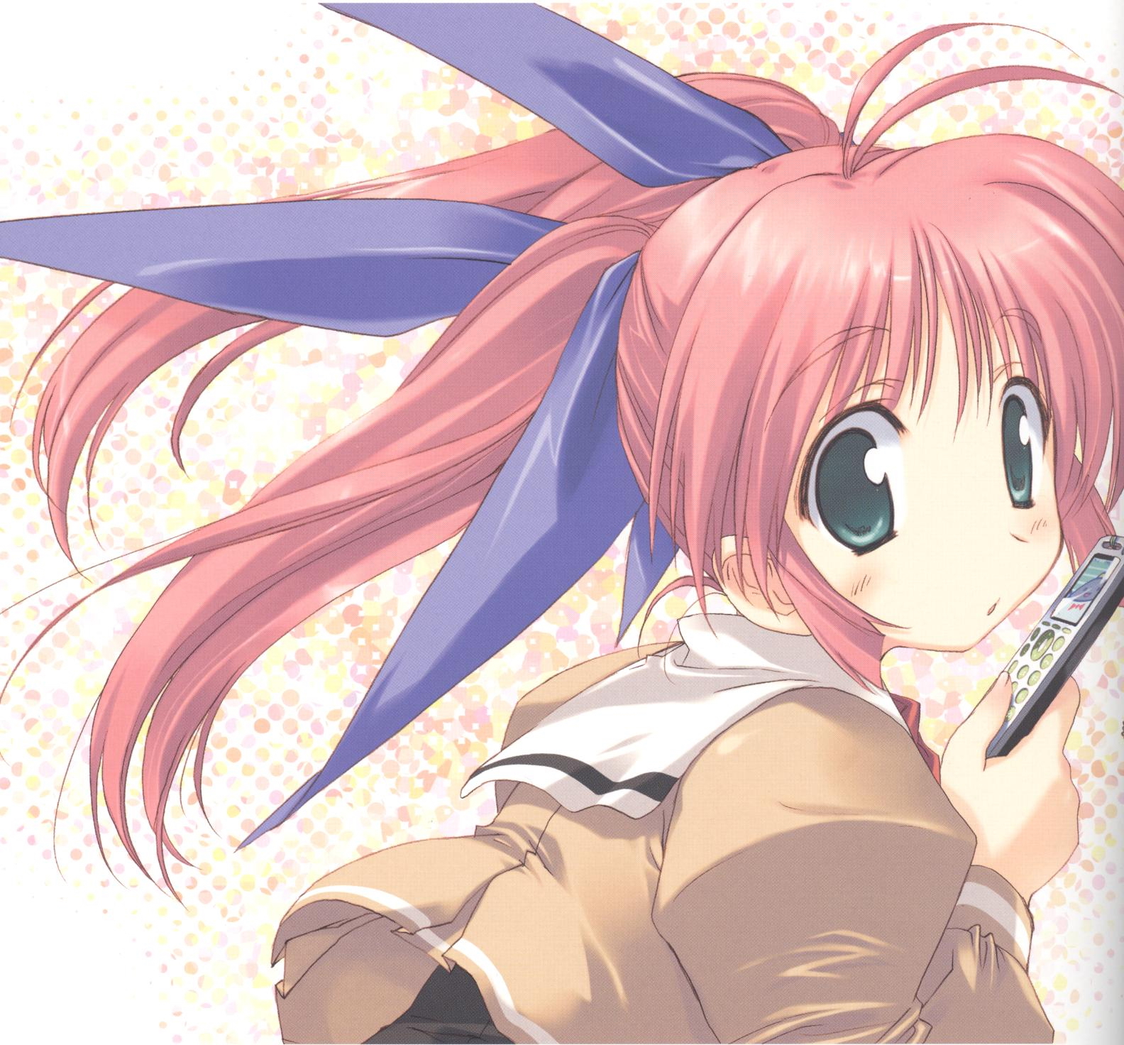 tachikawa ikumi, yoshio (leaf), comic party, highres, 00s, 1girl, cellphone, female focus, hair ribbon, long hair, phone, pink hair, ribbon, school uniform, serafuku, solo