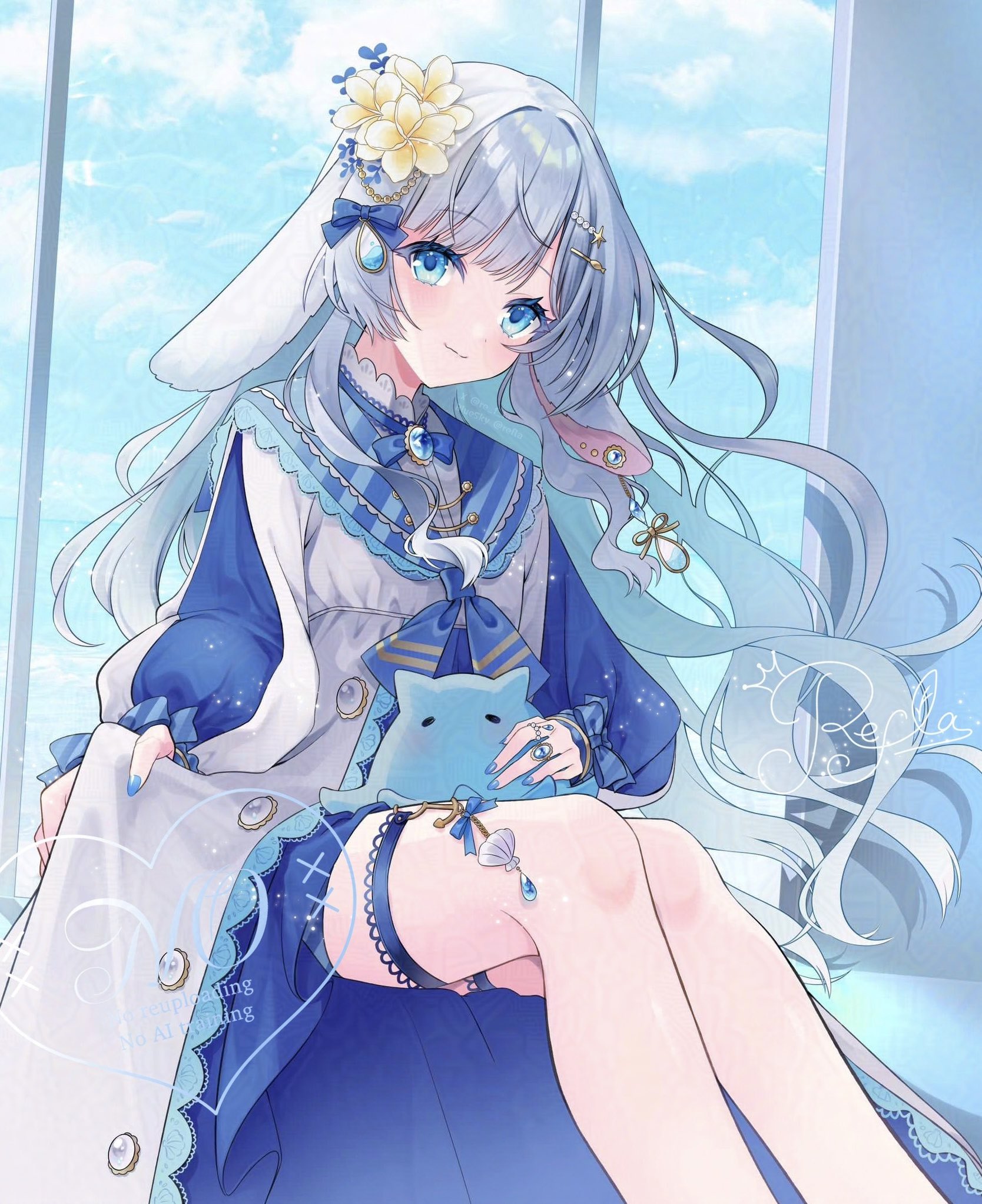 original, highres, 1girl, animal ears, blue bow, blue bowtie, blue eyes, blue nails, blue sky, bow, bowtie, brooch, closed mouth, cloud, dress, earrings, feet out of frame, floppy ears, flower, gem, grey hair, hair bow, hair flower, hair ornament, jewelry, long hair, long sleeves, looking at viewer, nail polish, puffy long sleeves, puffy sleeves, rabbit ears, re f la, shell, sitting, sky, smile, solo, star (symbol), star hair ornament, thigh strap, window, yellow flower