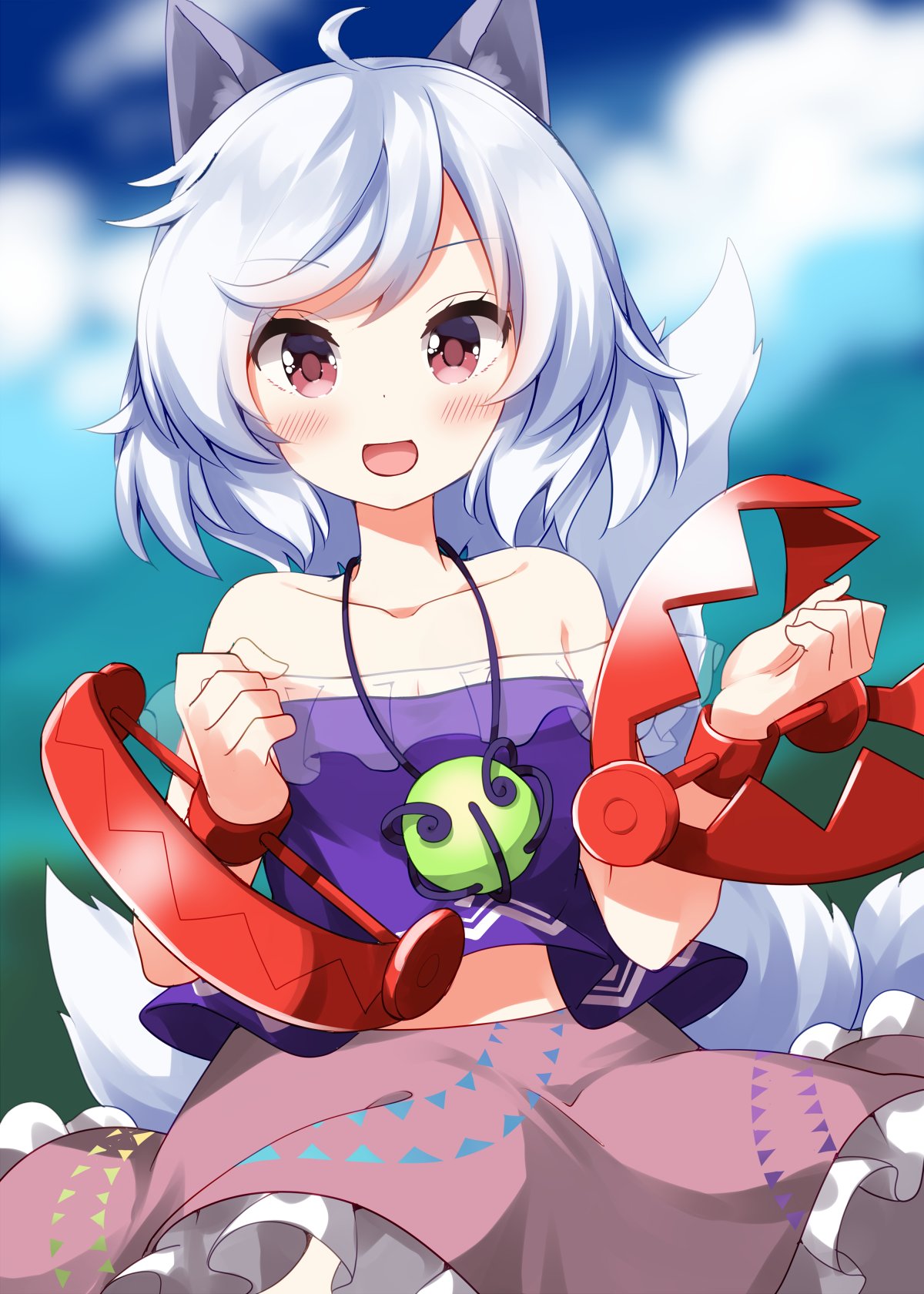 ruu (tksymkw), mitsugashira enoko, touhou, commentary, highres, 1girl, :d, ahoge, animal ears, bare shoulders, bear trap, blue hair, blurry, blurry background, blush, brown skirt, collarbone, cowboy shot, day, frilled skirt, frills, looking at viewer, off-shoulder shirt, off shoulder, open mouth, outdoors, purple shirt, red eyes, shirt, short hair, skirt, smile, solo, tail, wolf ears, wolf girl, wolf tail