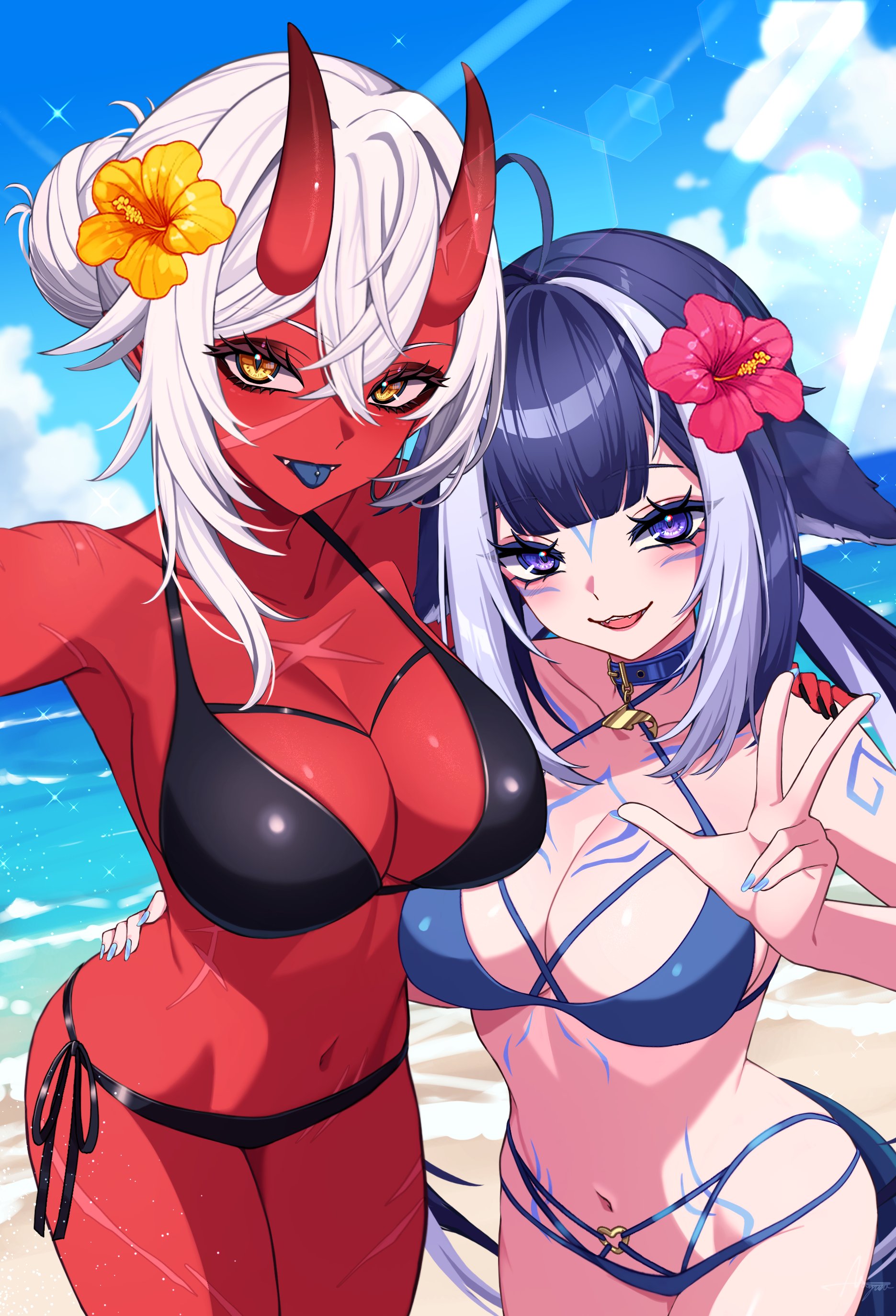 akumi (yoclesh), shylily, shylily (bikini), indie virtual youtuber, absurdres, commentary, english commentary, highres, 2girls, :p, ahoge, animal ears, arm around shoulder, arm around waist, beach, bikini, black bikini, blue bikini, blue collar, blue hair, blue nails, blue sky, blue tongue, blunt bangs, body markings, breasts, cetacean tail, cloud, collar, colored skin, colored tongue, cowboy shot, criss-cross halter, cross scar, crossed bangs, day, facial mark, facial scar, fangs, fingernails, fins, fish tail, flower, hair between eyes, hair bun, hair flower, hair ornament, halterneck, hand on another's shoulder, heart, heart o-ring, height difference, hibiscus, horns, large breasts, lens flare, light rays, long fingernails, looking at viewer, multi-strapped bikini bottom, multicolored hair, multiple girls, nail polish, navel, nazunanana1230, o-ring, ocean, oni, open mouth, orca girl, outdoors, piercing, purple eyes, red flower, red horns, red oni, red skin, scar, scar on arm, scar on cheek, scar on chest, scar on face, scar on leg, side-tie bikini bottom, signature, single hair bun, sky, smile, sparkle, standing, streaked hair, sunbeam, sunlight, swimsuit, tail, tongue, tongue out, tongue piercing, two-tone hair, virtual youtuber, w, water, white hair, yellow eyes, yellow flower