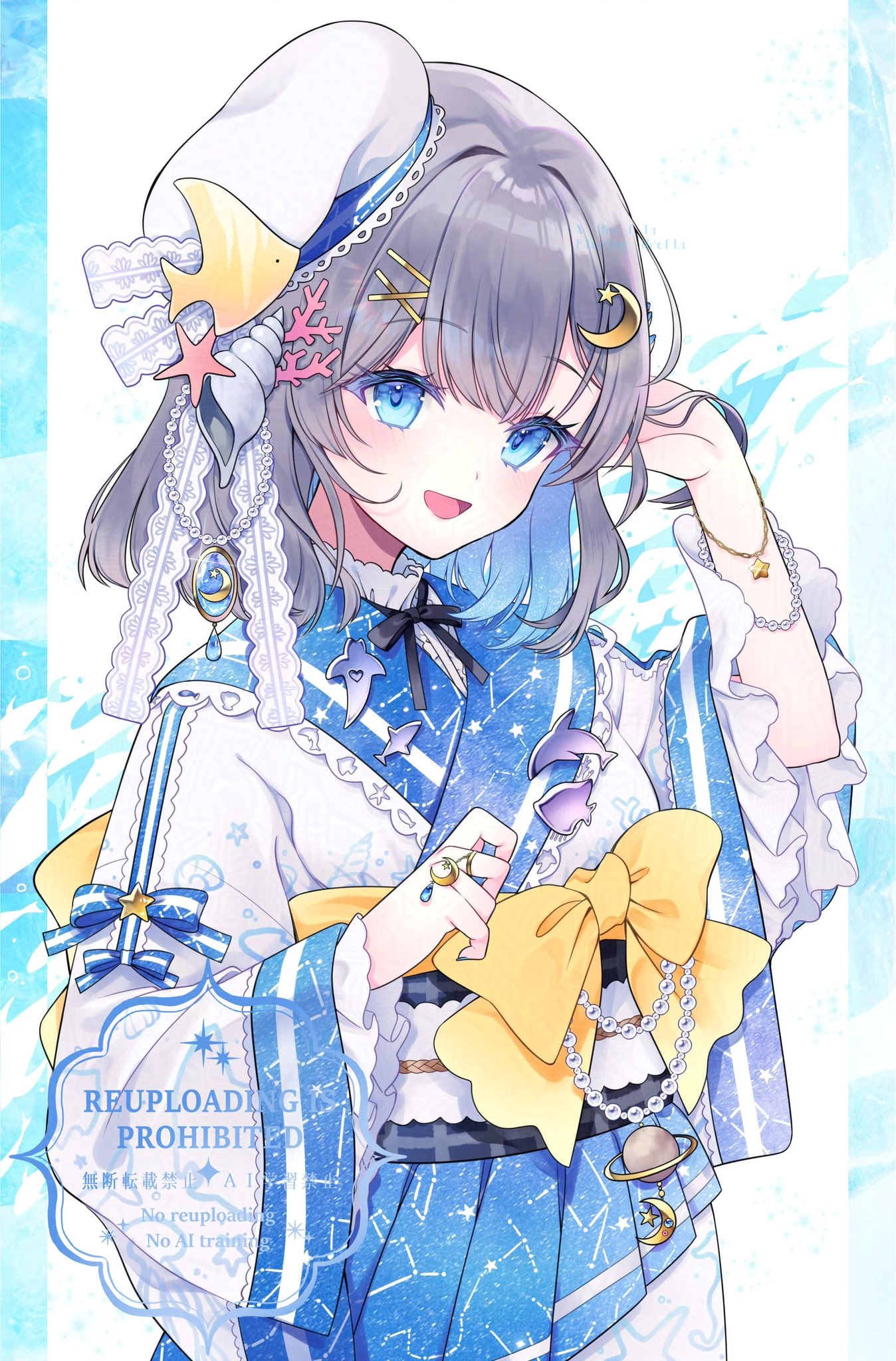 original, highres, 1girl, blue eyes, bow, colored inner hair, crescent, crescent hair ornament, grey hair, hair ornament, holding, japanese clothes, jewelry, kimono, looking at viewer, medium hair, multicolored hair, obi, open mouth, re f la, ribbon, sash, smile, solo, star (symbol), star hair ornament, sunglasses, unworn eyewear, upper body, virtual youtuber, white kimono, wide sleeves, x hair ornament, yellow bow