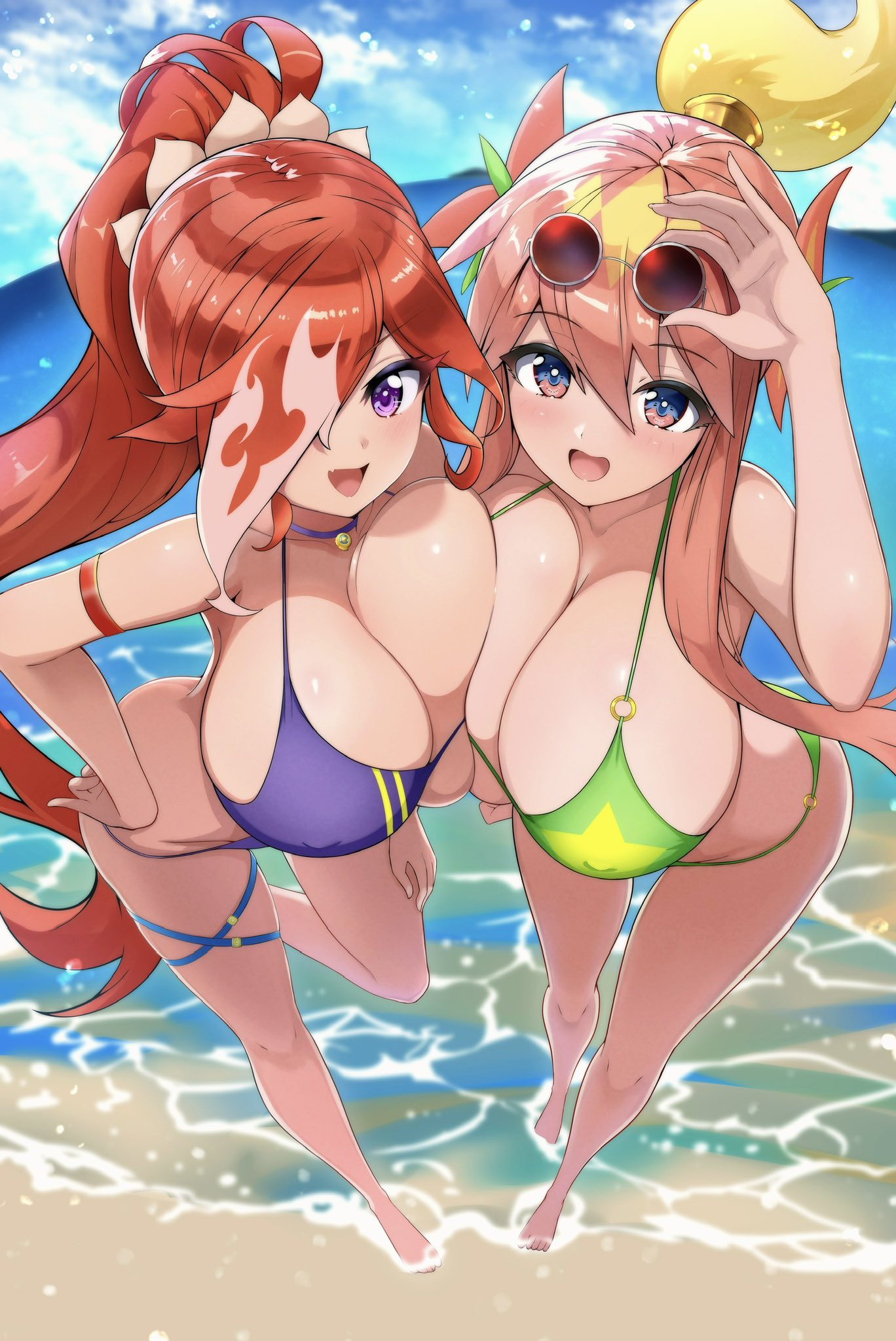 tanityu, glenglassaugh (duel masters), duel masters, highres, 2girls, beach, bikini, blue eyes, blue sky, breast press, breasts, cloud, cloudy sky, eyewear on head, from above, green bikini, hair ornament, hair over one eye, high ponytail, huge breasts, long hair, looking at viewer, multicolored eyes, multicolored hair, multiple girls, ocean, open mouth, outdoors, pink eyes, pink hair, ponytail, purple bikini, purple eyes, rafululu love (duel masters), red hair, sand, sidelocks, sky, standing, standing on one leg, sunglasses, swimsuit, symmetrical docking, very long hair