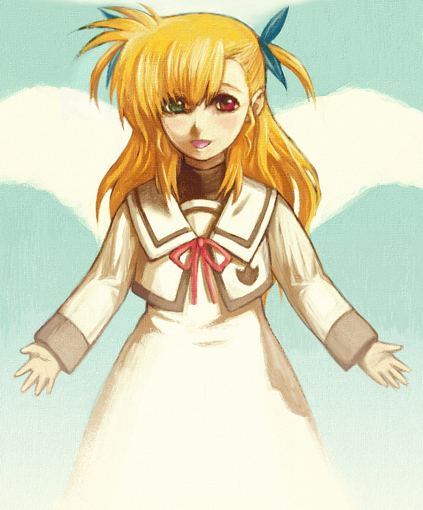 shirogane kihen, vivio, lyrical nanoha, mahou shoujo lyrical nanoha, mahou shoujo lyrical nanoha strikers, 00s, blonde hair, heterochromia, school uniform, serafuku, solo