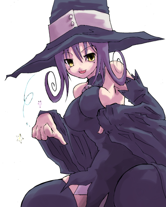 toonaka, blair (soul eater), soul eater, bad id, bad pixiv id, 00s, bare shoulders, breasts, detached sleeves, fingernails, hat, purple hair, sleeveless, sleeveless turtleneck, smile, solo, star (symbol), thighhighs, turtleneck, white background, witch hat, yellow eyes