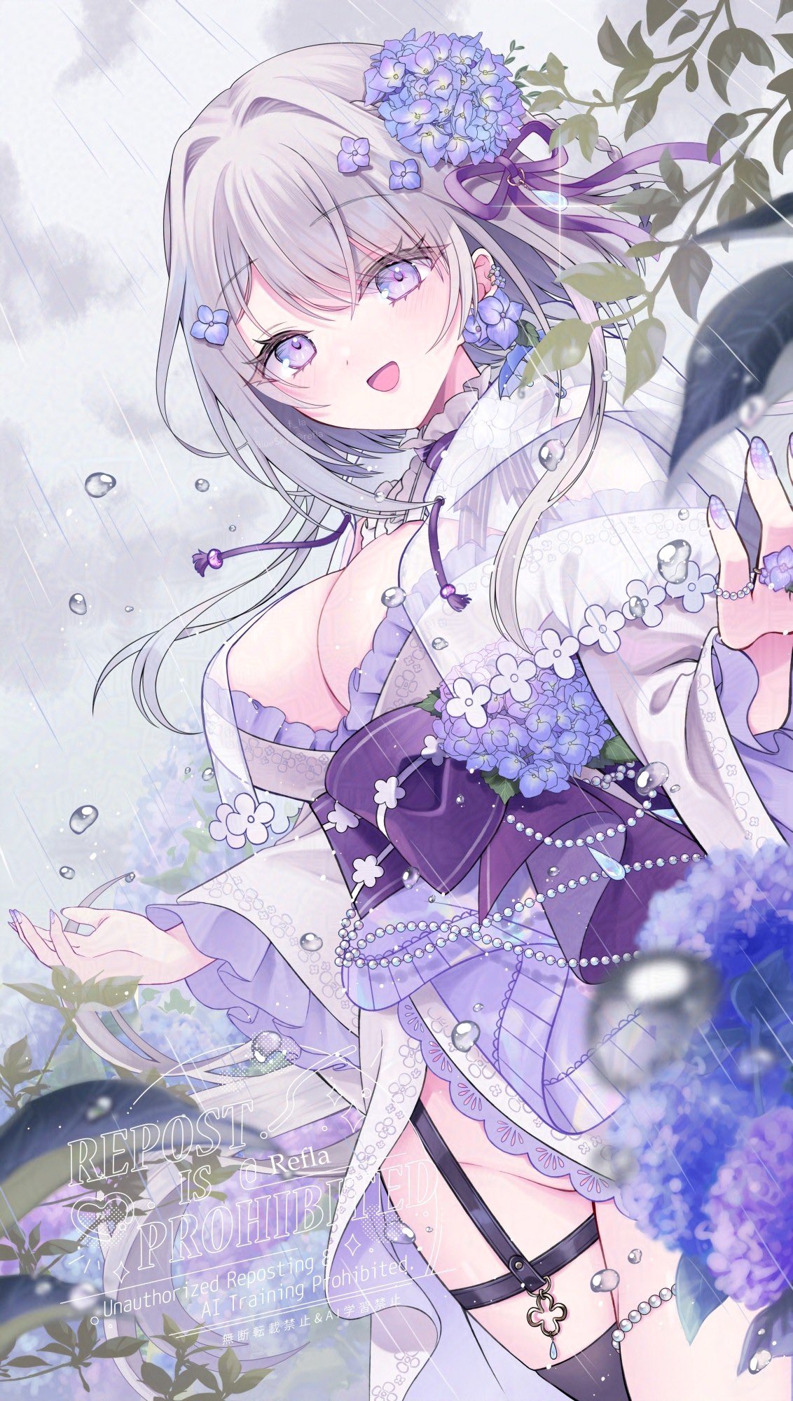 original, highres, 1girl, breasts, cleavage, cloud, cloudy sky, earrings, flower, flower earrings, frills, grey hair, hair flower, hair ornament, hydrangea, japanese clothes, jewelry, kimono, large breasts, long hair, looking at viewer, nail polish, obi, open mouth, purple eyes, purple flower, purple nails, purple sash, rain, re f la, ring, sash, sky, smile, solo, water drop