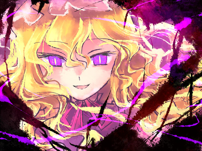 kinkirara, queen qko, yakumo yukari, touhou, 1girl, blonde hair, evil smile, female focus, frills, hat, long hair, looking at viewer, mob cap, purple eyes, shaded face, smile, solo, wavy hair