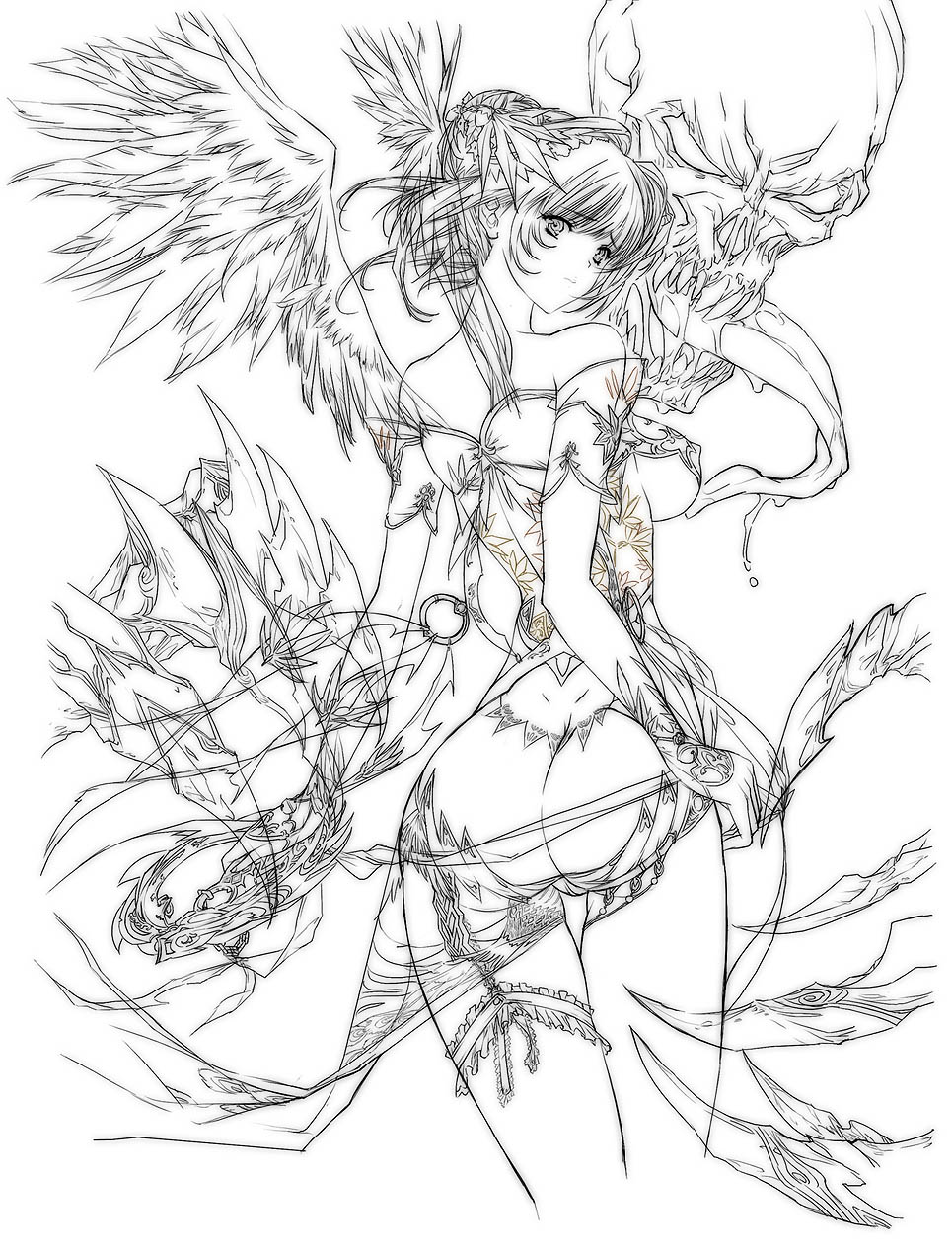 q azieru, original, highres, 1girl, ass, asymmetrical clothes, asymmetrical legwear, bare shoulders, breasts, chakram, claws, covered erect nipples, dimples of venus, female focus, hair bun, hair ornament, large breasts, long tongue, looking at viewer, looking back, monochrome, monster, no panties, panties, panty pull, pussy, revealing clothes, sideboob, simple background, single thighhigh, skull, solo, spot color, tattoo, thigh gap, thighhighs, thighs, tongue, tongue out, trefoil, uncensored, underboob, underwear, uneven legwear, weapon, white background, wings