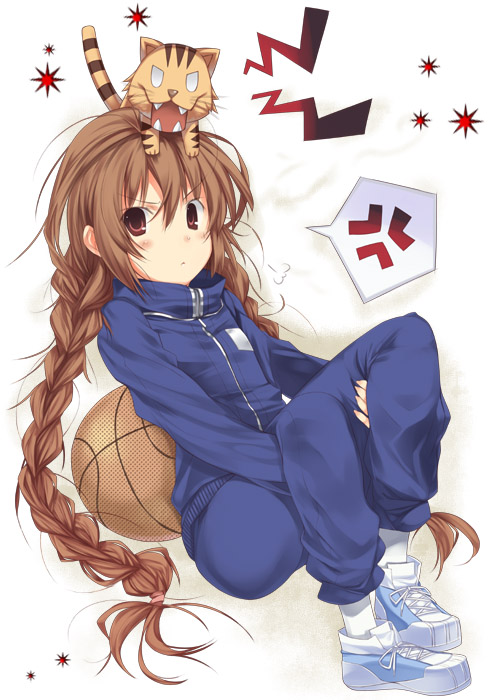 mizuki makoto, aisaka taiga, palmtop tiger, toradora!, 00s, 1girl, alternate hairstyle, anger vein, ball, basketball, basketball (object), braid, brown eyes, brown hair, female focus, flat chest, gym uniform, long hair, shoes, sneakers, solo, speech bubble, spoken anger vein, sportswear, tiger, twin braids, very long hair