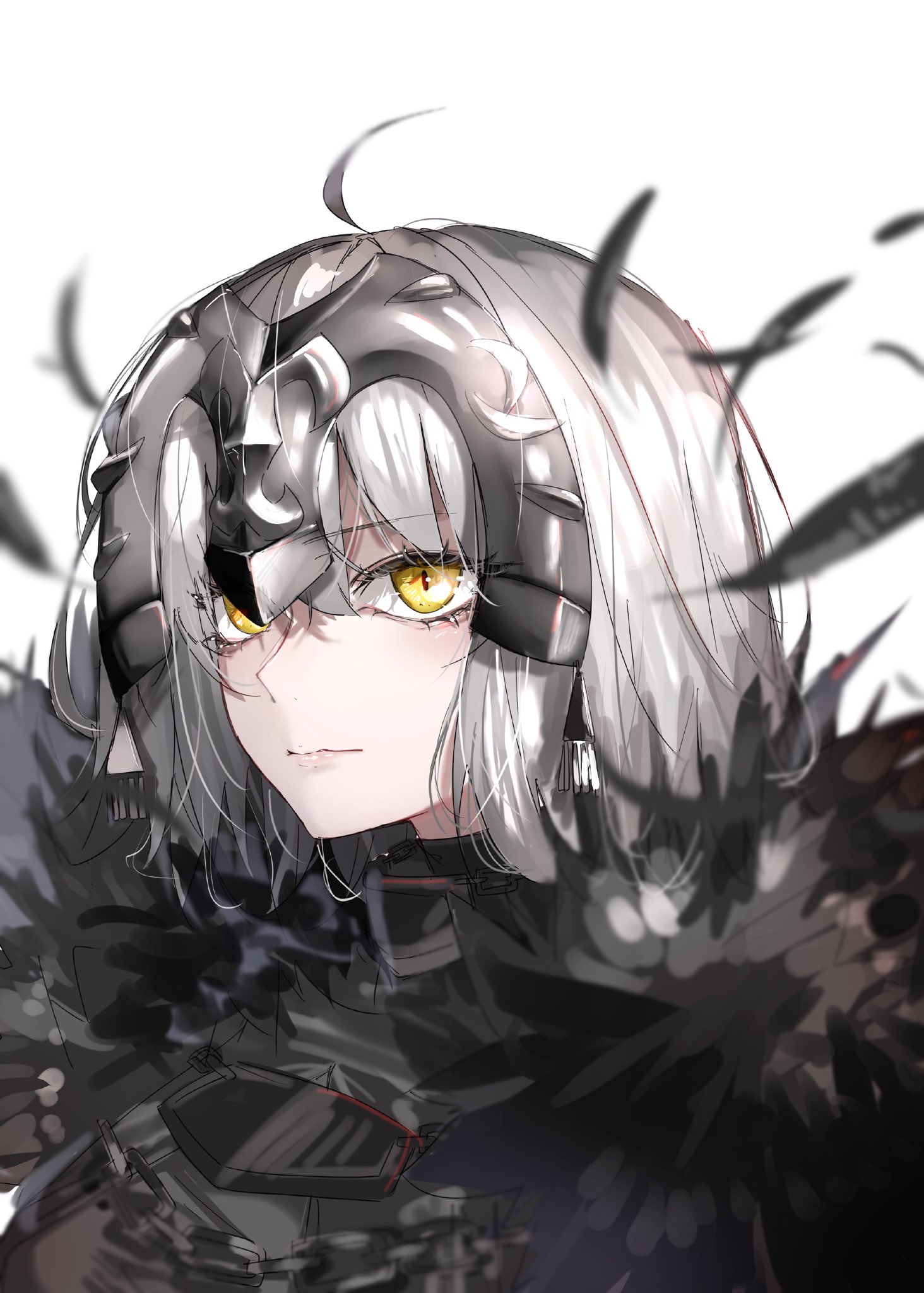 ri o ne su, jeanne d'arc alter (avenger) (fate), jeanne d'arc alter (avenger) (first ascension) (fate), jeanne d'arc alter (fate), fate/grand order, fate (series), highres, 1girl, ahoge, black dress, cape, chain, dress, feathers, fur trim, grey background, grey hair, headpiece, looking at viewer, short hair, simple background, solo, yellow eyes