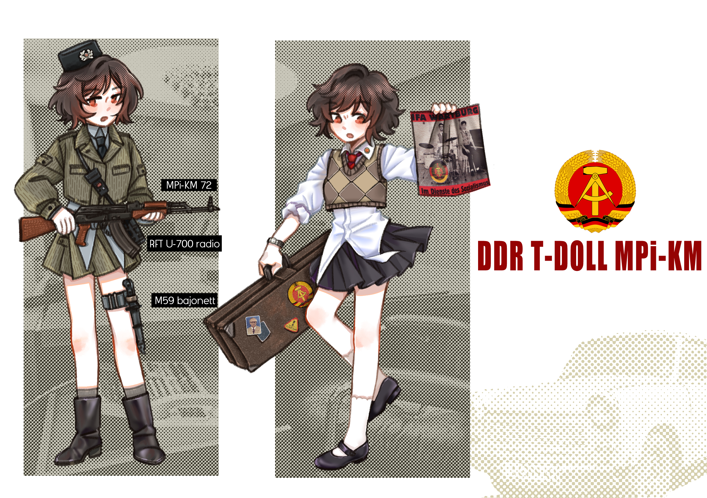 useless centipde, trabant, girls' frontline, original, highres, 1girl, adapted uniform, akm, album cover, assault rifle, bag, black boots, black necktie, black shoes, boots, breasts, brown hair, brown sweater vest, camouflage, camouflage jacket, camouflage skirt, car, checkered clothes, combat knife, cover, east germany, fez hat, gun, hat, holding, holding gun, holding weapon, jacket, kalashnikov rifle, knife, mary janes, messy hair, military hat, military uniform, miniskirt, motor vehicle, mpi-km, necktie, open mouth, photo (object), photo background, plaid clothes, plaid skirt, radio, red necktie, rifle, sheath, shirt, shoes, short hair, skirt, small breasts, socks, sticker, strichtarn, suitcase, sweater vest, thigh strap, untucked shirt, watch, weapon, white shirt, white socks, wristwatch