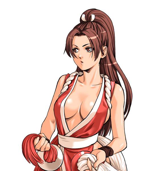 nakano tomokazu, shiranui mai, fatal fury, snk, the king of fighters, 1girl, breasts, brown eyes, brown hair, cleavage, female focus, japanese clothes, large breasts, long hair, no bra, pelvic curtain, ponytail, rope, sideboob, solo, wristband