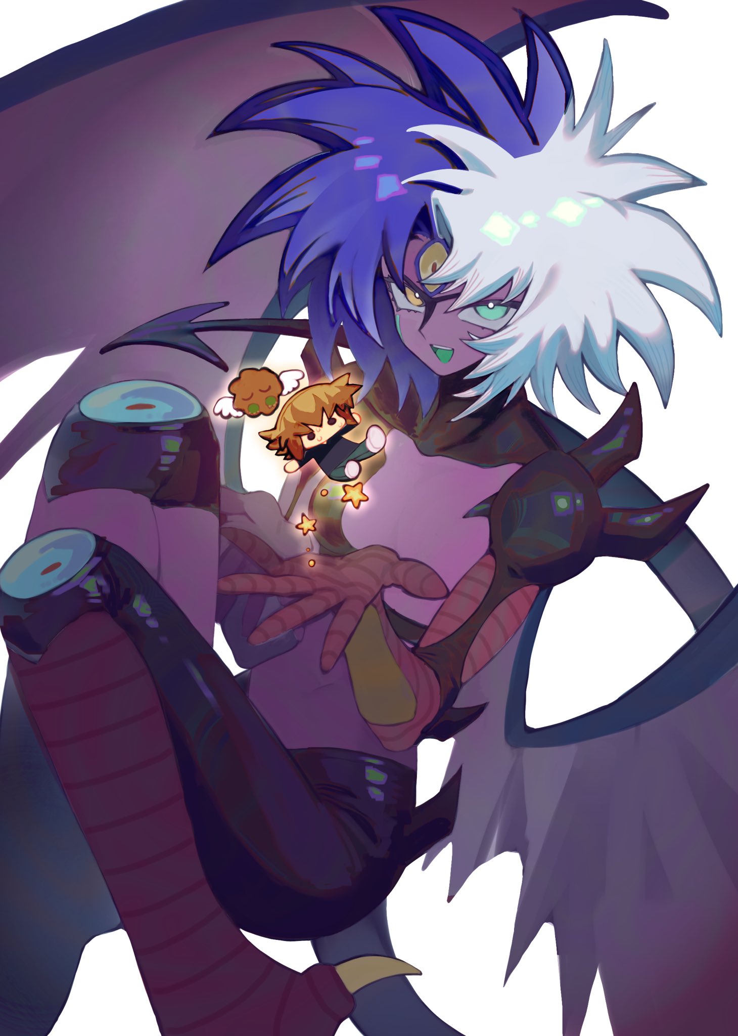 tawashipurin, winged kuriboh, yubel, yuki judai, yu-gi-oh!, yu-gi-oh! gx, highres, colored skin, demon girl, demon tail, demon wings, duel monster, facial mark, floating, green eyes, grey hair, heterochromia, horns, looking at viewer, medium hair, multicolored eyes, multicolored hair, purple hair, simple background, single breast, smile, star (symbol), tail, third eye, two-tone hair, white background, wings, yellow eyes