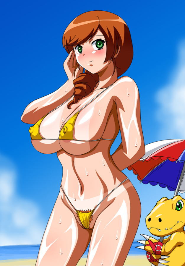 makino tomoyasu, agumon, daimon sayuri, digimon, digimon savers, jpeg artifacts, 1girl, adjusting hair, areola slip, arm behind back, beach, bikini, bikini tan, blush, breasts, brown hair, cloud, colored pubic hair, covered erect nipples, cowboy shot, day, drill hair, female pubic hair, green eyes, hair over shoulder, highleg, highleg bikini, holding, huge breasts, long hair, looking at viewer, mature female, micro bikini, navel, nipple slip, nipples, ocean, one-piece swimsuit, outdoors, pubic hair, puffy nipples, red hair, red pubic hair, sagging breasts, seductive smile, see-through clothes, shiny skin, sideboob, skindentation, sky, smile, standing, string bikini, sweat, swept bangs, swimsuit, tan, tanline, thong bikini, umbrella, underboob, water, wedgie, wide hips, yellow one-piece swimsuit