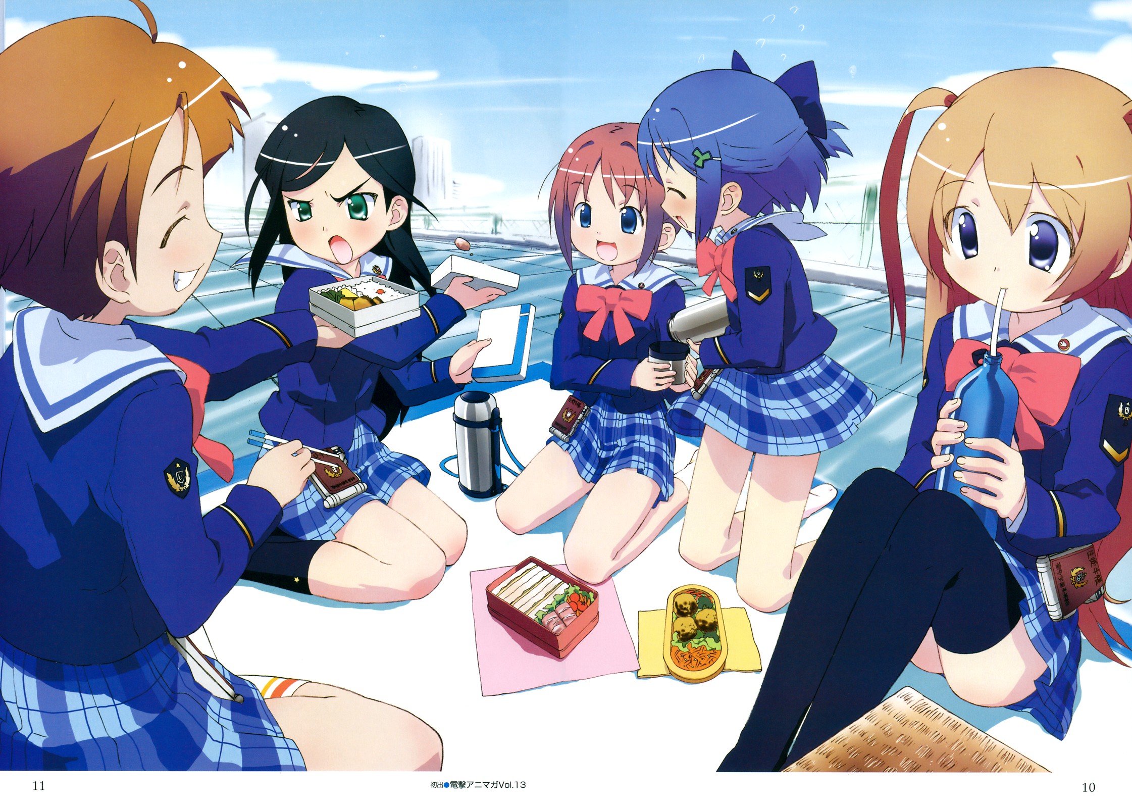 amamiya manami, etou mei, inamori mika, odori momoha, uehara mutsuki, gakuen utopia manabi straight!, highres, 00s, 5girls, bento, bow, everyone, multiple girls, pink bow, plaid clothes, plaid skirt, school uniform, serafuku, skirt, thighhighs