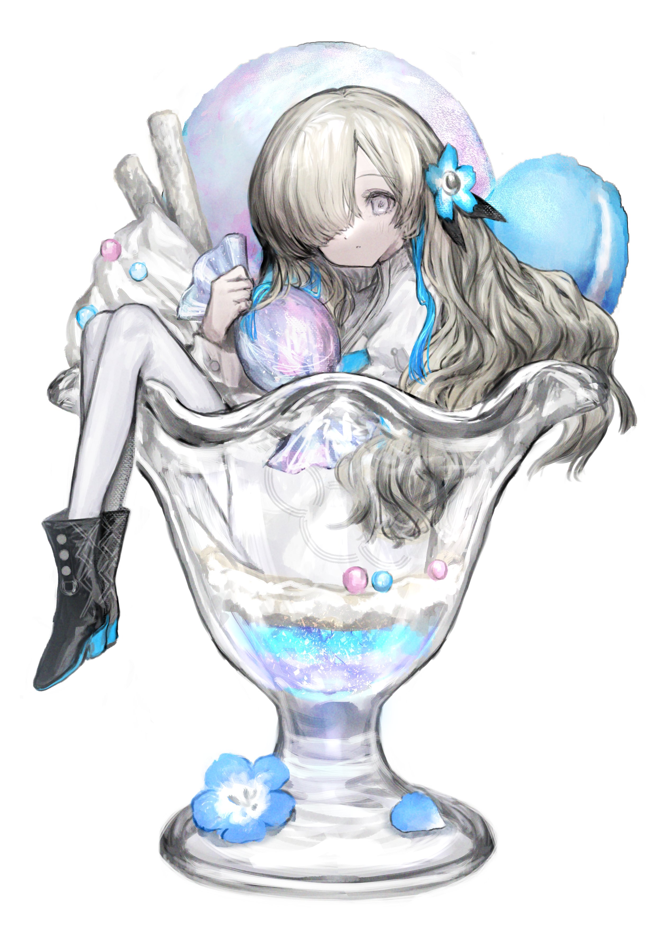 tsuyumikan, isekaijoucho, kamitsubaki studio, absurdres, highres, 1girl, anemone (flower), ankle boots, black boots, blue flower, boots, candy, closed mouth, cup, expressionless, flower, food, grey eyes, grey hair, hair over one eye, holding, holding candy, holding food, ice cream, in container, in cup, juliet sleeves, long hair, long sleeves, looking at viewer, macaron, puffy sleeves, sidelocks, simple background, solo, virtual youtuber, white background, wrapped candy