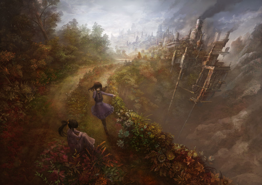 yoshimura masato, 2girls, brown hair, cloud, faux traditional media, flower, hair ribbon, landscape, machine, multiple girls, outdoors, ribbon, scenery, sitting, sky, smoke, steam, tree