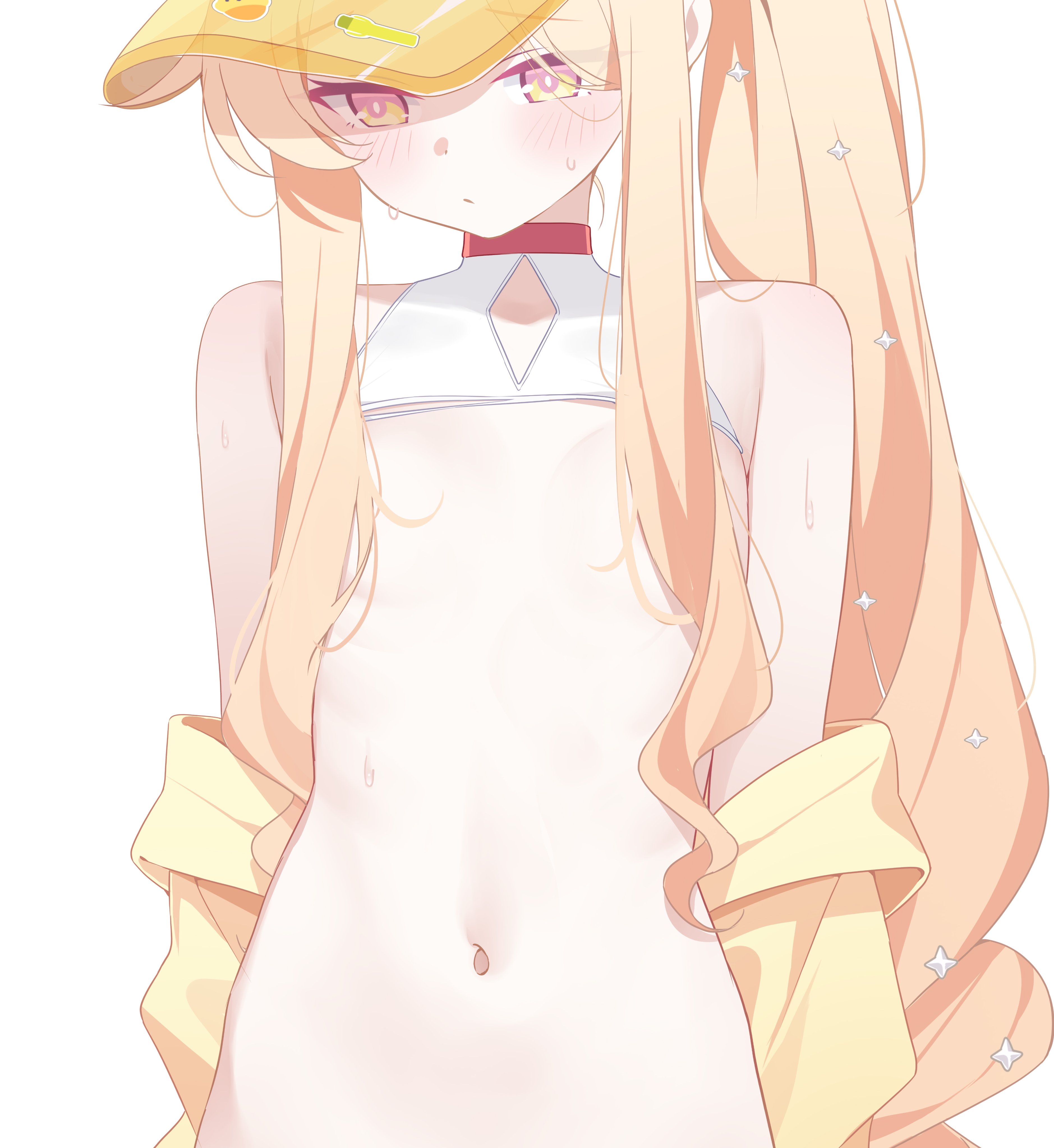 deyui, seia (blue archive), seia (swimsuit) (blue archive), blue archive, absurdres, highres, 1girl, blonde hair, blush, breasts, closed mouth, flat chest, hair censor, hair over breasts, hair over one breast, jacket, long hair, navel, simple background, small breasts, solo, sweat, swimsuit, upper body, visor cap, white background, yellow eyes, yellow jacket