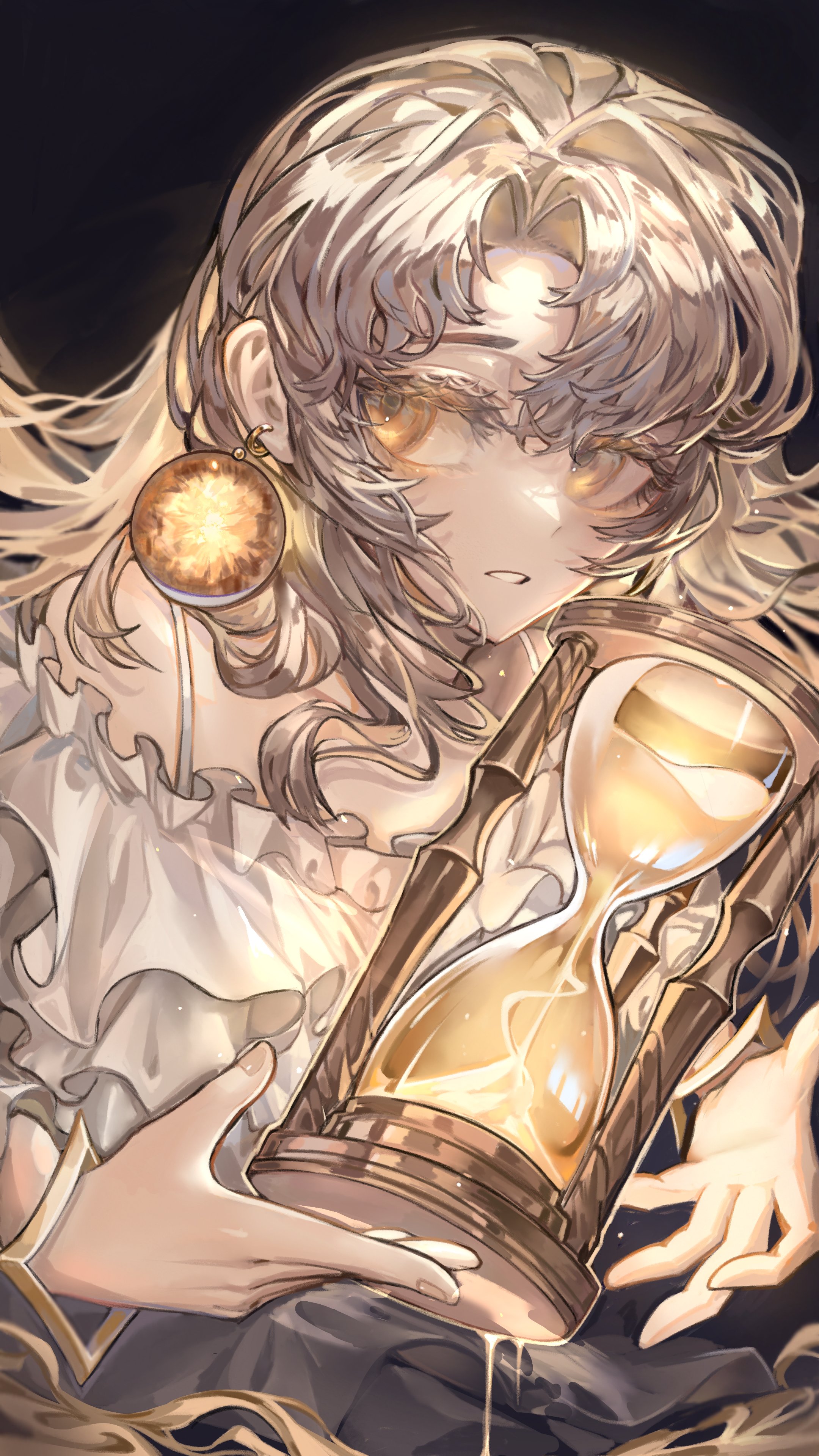 nameno92372763, absurdres, copyright request, highres, 1girl, earrings, eyelashes, hair intakes, holding hourglass, hourglass, jewelry, large earrings, long hair, parted lips, solo, sphere earrings, upper body, white hair, yellow eyes