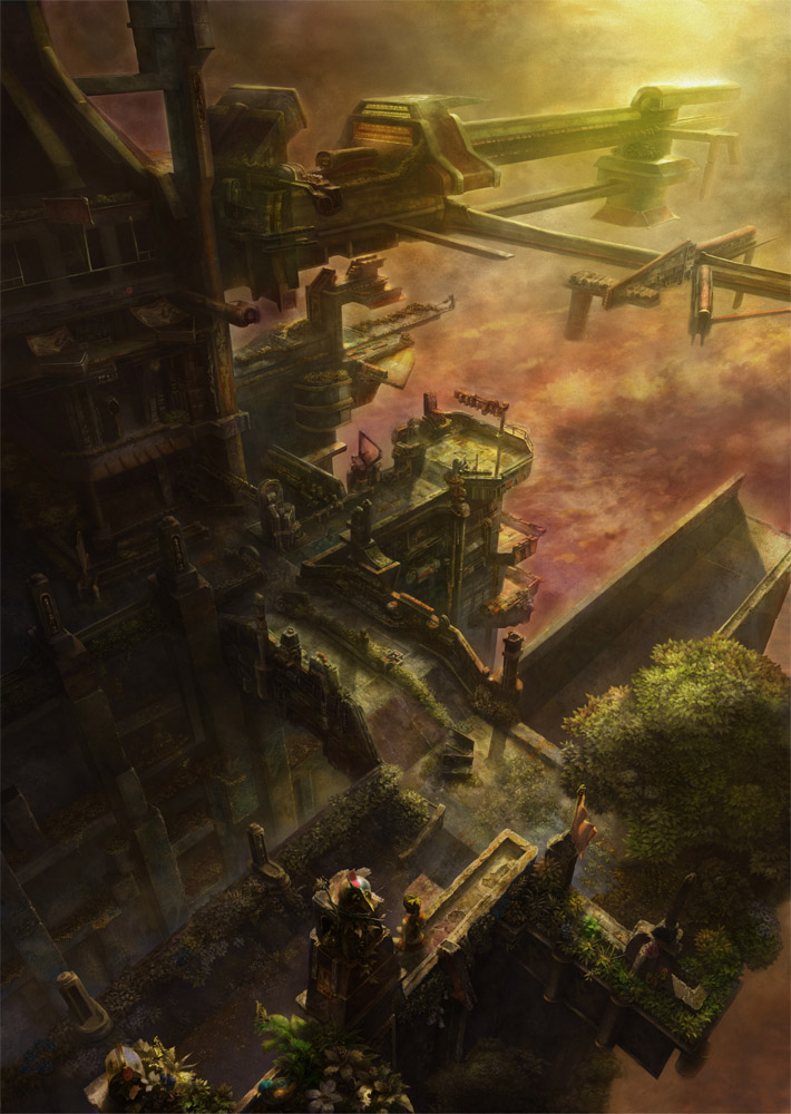 haze, yoshimura masato, panorama, 1girl, cloud, faux traditional media, floating city, flower, garden, landscape, scenery, sun, tree