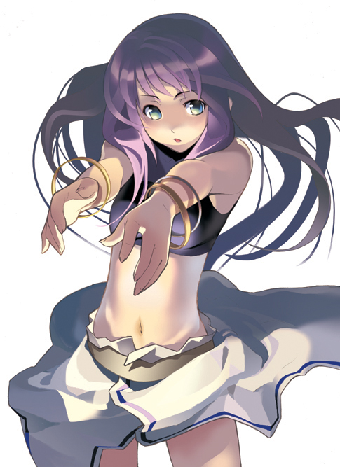 wakaba sprout, original, 1girl, bracelet, female focus, foreshortening, green eyes, jewelry, long hair, midriff, navel, outstretched arms, purple hair, skirt, solo, sports bra