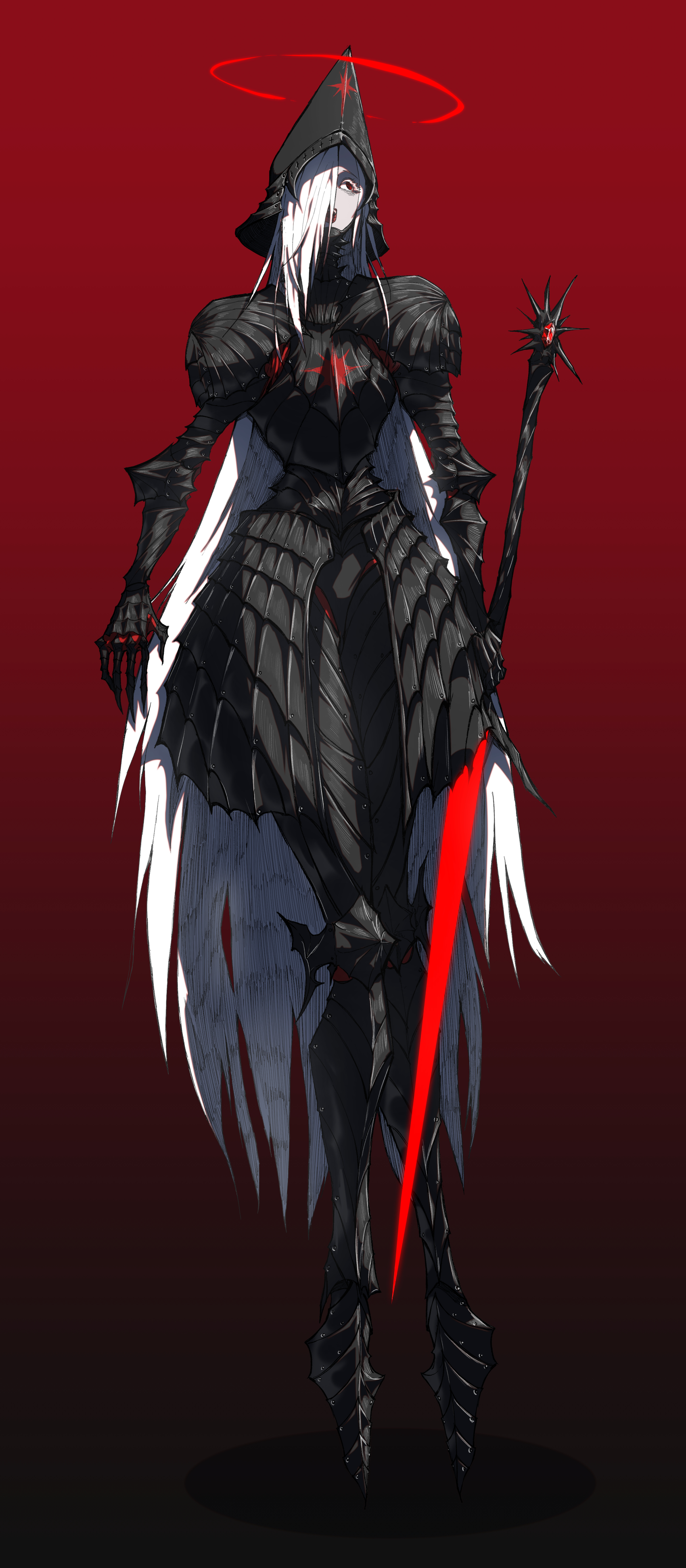 getsome, original, absurdres, highres, 1girl, armor, black armor, black background, breastplate, faulds, full armor, full body, gauntlets, gem, gradient background, hair over one eye, halo, helmet, holding, holding sword, holding weapon, knight, long hair, open mouth, pale skin, pauldrons, plate armor, red background, red eyes, red halo, shadow, shoulder armor, solo, sword, very long hair, weapon, white hair