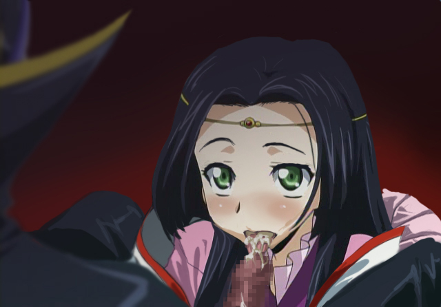 warainaku, sumeragi kaguya, zero (code geass), code geass, hyottokoaki, 00s, 1boy, 1girl, black hair, blush, censored, cum, cum in mouth, cum on tongue, fellatio, green eyes, hetero, oral, penis, pov
