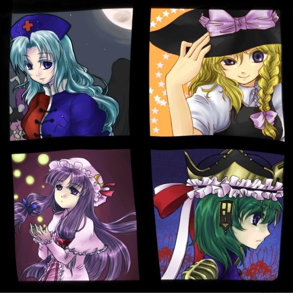 4c (artist), mito ayame, houraisan kaguya, inaba tewi, kirisame marisa, patchouli knowledge, reisen udongein inaba, shiki eiki, yagokoro eirin, touhou, silver hair, bad id, bad pixiv id, 6+girls, blonde hair, blue eyes, braid, brown eyes, crescent, female focus, flower, frills, green hair, hat, long sleeves, looking at viewer, mob cap, multiple girls, nurse cap, profile, purple eyes, purple hair, red flower, short hair, shoulder pads, single braid, spider lily