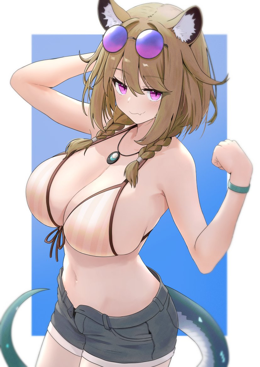 sora mame (princess 0sora), utage (arknights), utage (summer flowers) (arknights), arknights, 1girl, animal ears, bare shoulders, bikini, braid, breasts, brown hair, eyewear on head, huge breasts, long hair, looking at viewer, navel, official alternate costume, purple eyes, shorts, sideboob, solo, stomach, striped bikini, striped clothes, sunglasses, swimsuit, tail, twin braids
