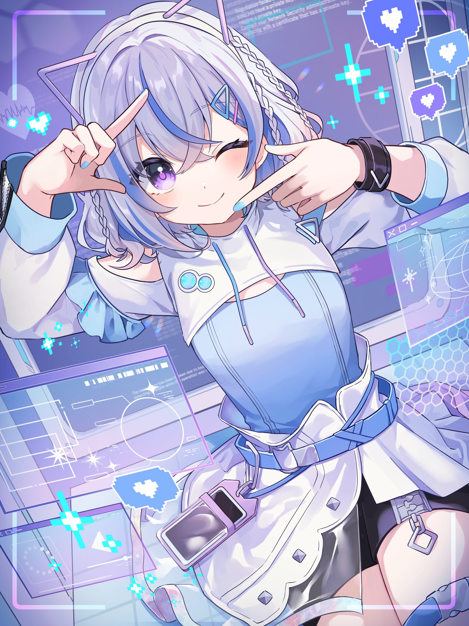 shirase (shirose), miria (iriam), iriam, highres, 1girl, ;), belt, blue belt, blue hair, blue nails, blue shirt, braid, cellphone, closed mouth, finger frame, grey hair, guest art, hair ornament, hairclip, heart, holographic monitor, long sleeves, looking at viewer, medium hair, multicolored hair, one eye closed, phone, purple eyes, shirt, shrug (clothing), skirt, smile, solo, streaked hair, virtual youtuber, white skirt