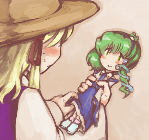 kochiya sanae, moriya suwako, touhou, bad id, bad pixiv id, lowres, 1girl, asymmetrical hair, blonde hair, blue skirt, blush, character doll, closed mouth, doll, female focus, frog hair ornament, from behind, frown, green hair, hair between eyes, hair ornament, hat, holding, long sleeves, sidelocks, skirt, snake hair ornament, solo, sweatdrop, sweater, vest
