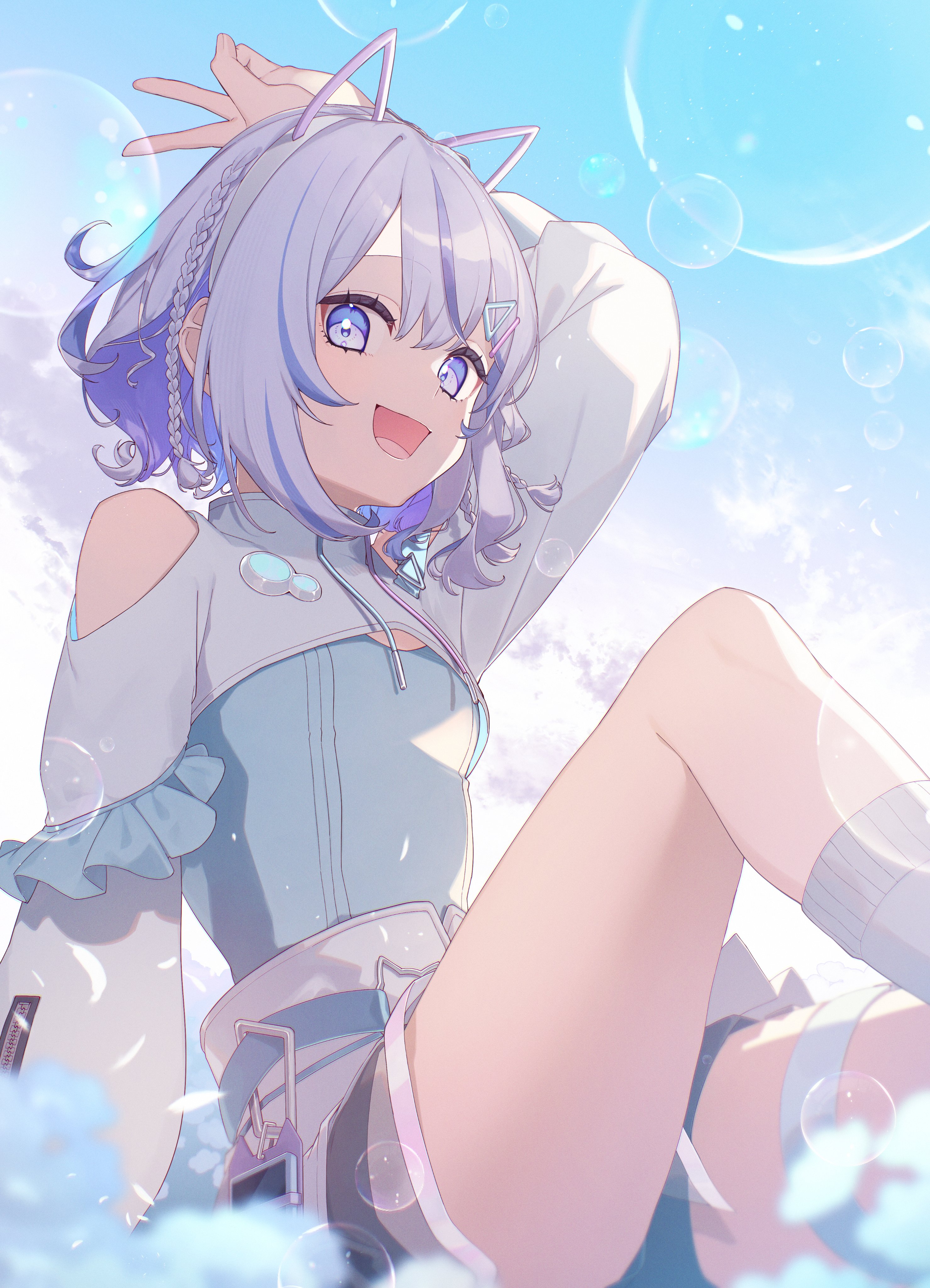aiwo o lite, miria (iriam), iriam, absurdres, highres, 1girl, belt, blue eyes, blue hair, blue shirt, braid, bubble, clothing cutout, colored inner hair, grey hair, guest art, hair ornament, hairband, hairclip, long sleeves, looking at viewer, multicolored hair, open mouth, purple hair, shirt, shorts, shoulder cutout, shrug (clothing), sky, smile, socks, solo, virtual youtuber, white socks
