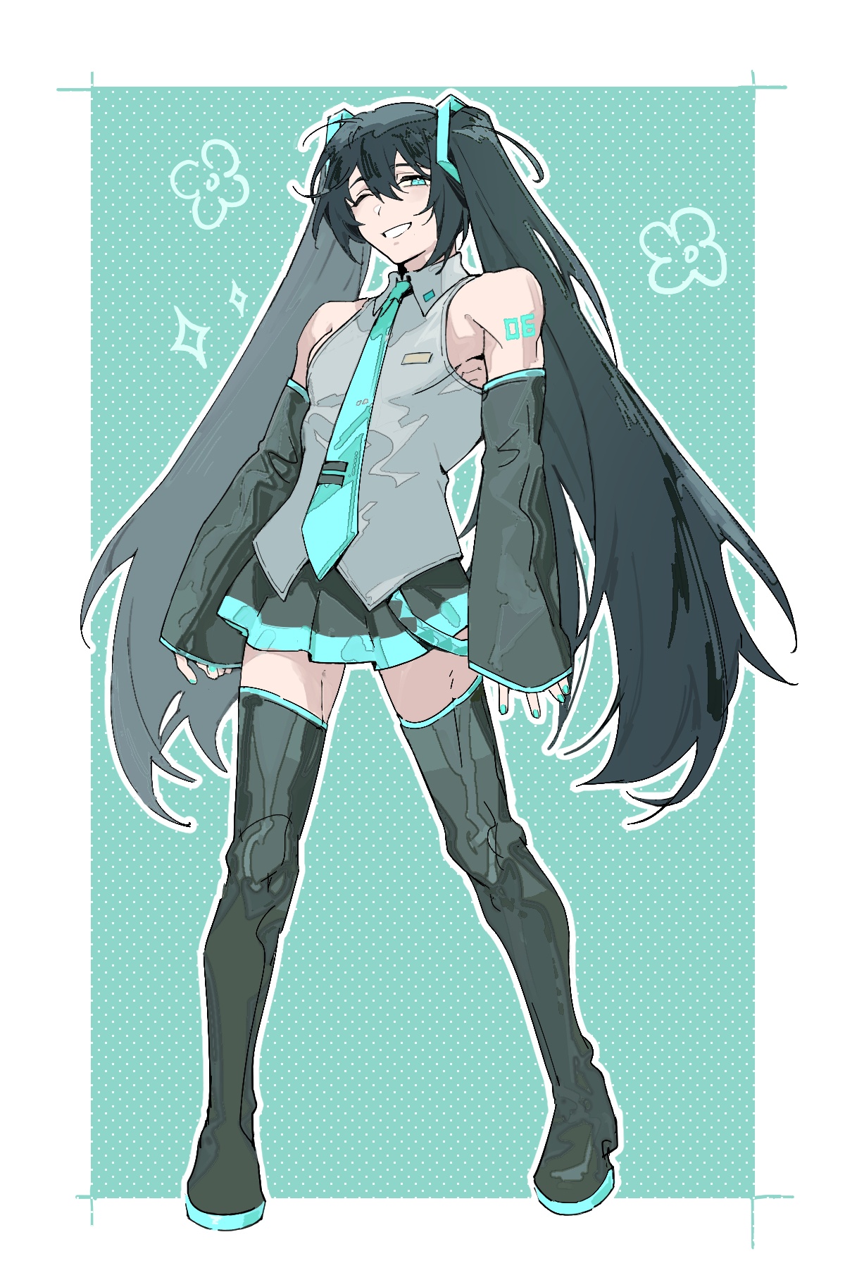 baihuahua5441, hatsune miku, hong lu (project moon), limbus company, project moon, vocaloid, commentary, highres, symbol-only commentary, 1boy, aqua eyes, aqua nails, black boots, black hair, boots, cosplay, crossdressing, crossdressing (mtf), detached sleeves, full body, grey shirt, grin, hatsune miku (cosplay), long hair, male focus, miniskirt, one eye closed, pectorals, pleated skirt, shirt, shoulder tattoo, sidepec, skirt, sleeveless, sleeveless shirt, smile, solo, tattoo, thigh boots, thighhighs, toned, toned male, twintails, very long hair, zettai ryouiki