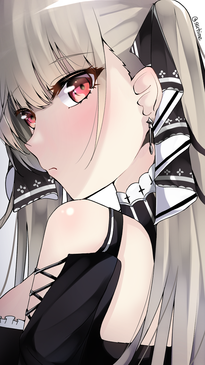 himexin, formidable (azur lane), azur lane, commentary request, highres, 1girl, artist name, bare shoulders, blush, breasts, clothing cutout, earrings, from side, hair ribbon, jewelry, large breasts, looking at viewer, red eyes, ribbon, shoulder cutout, simple background, solo, two-tone ribbon, upper body, white background