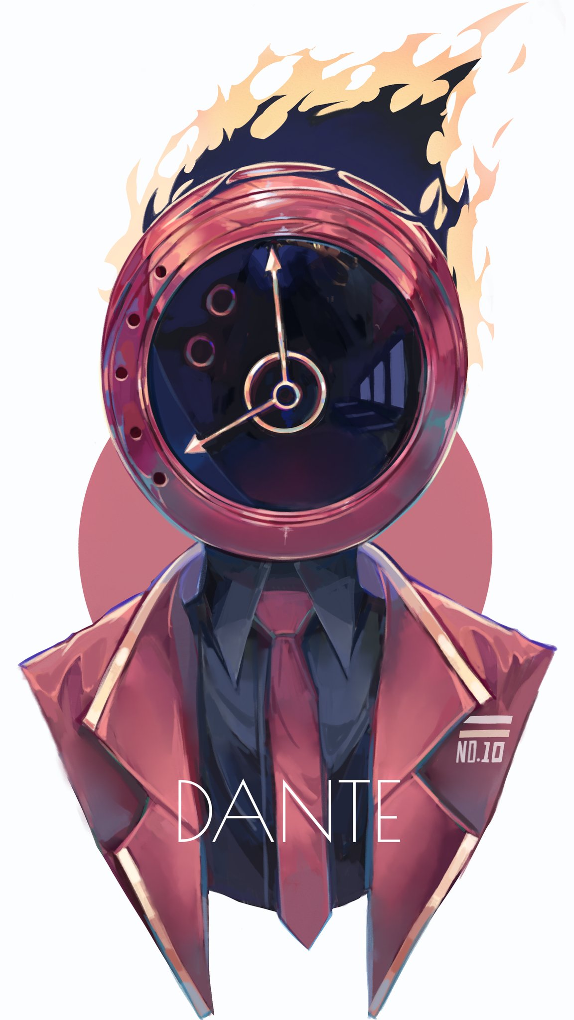 nameno92372763, dante (limbus company), limbus company, project moon, highres, 1other, black fire, character name, clock, fire, flaming head, gold trim, jacket, lapels, necktie, notched lapels, object head, portrait, red jacket, red necktie, simple background, white background