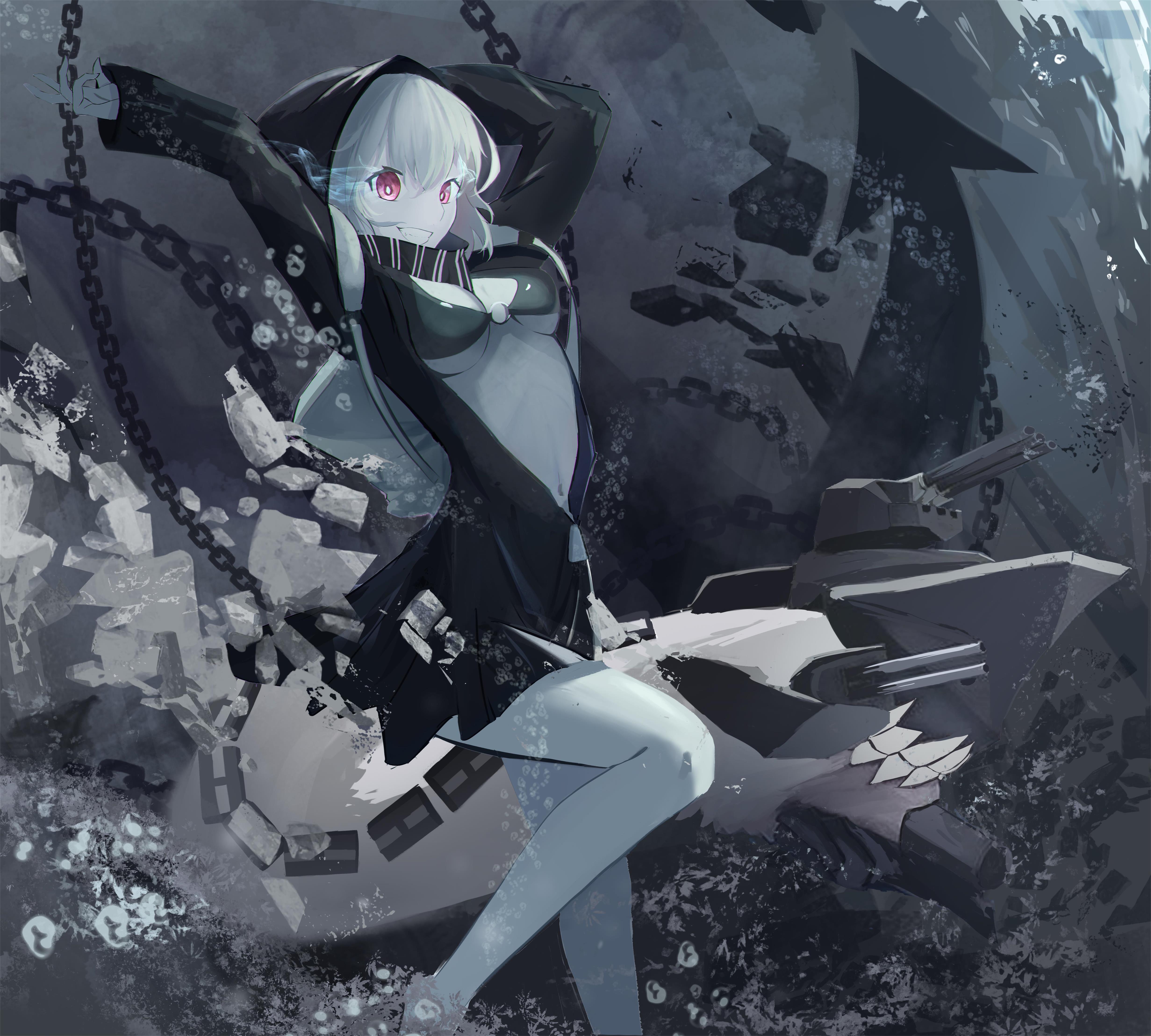gu0st, re-class battleship, kantai collection, absurdres, commentary, highres, 1girl, abyssal ship, arms up, backpack, bag, bikini, bikini top only, black bikini, breasts, bubble, chain, colored skin, eye trail, feet out of frame, grey skin, grin, hood, hoodie, light trail, medium breasts, navel, o-ring, o-ring top, pale skin, partially unzipped, red eyes, scarf, sharp teeth, ship turret, short hair, smile, solo, striped clothes, striped scarf, swimsuit, tail, teeth, underwater, white hair