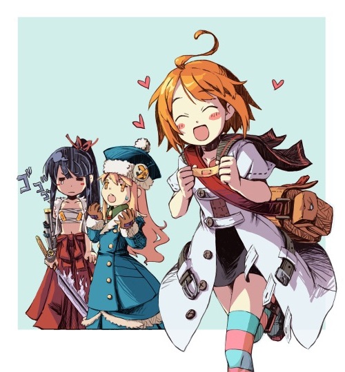hiz, bushidou (sekaiju), bushidou 2 (sekaiju), gunner (sekaiju), gunner 2 (sekaiju), medic (sekaiju), medic 2 (sekaiju), atlus, etrian odyssey, multicolored legwear, striped legwear, bad id, bad pixiv id, 3girls, = =, ^ ^, ahoge, bag, black hair, blonde hair, blush, closed eyes, coat, happy, hat, long hair, multiple girls, orange hair, ponytail, sarashi, short hair, striped clothes, striped thighhighs, sword, thighhighs, weapon, yellow eyes, zettai ryouiki