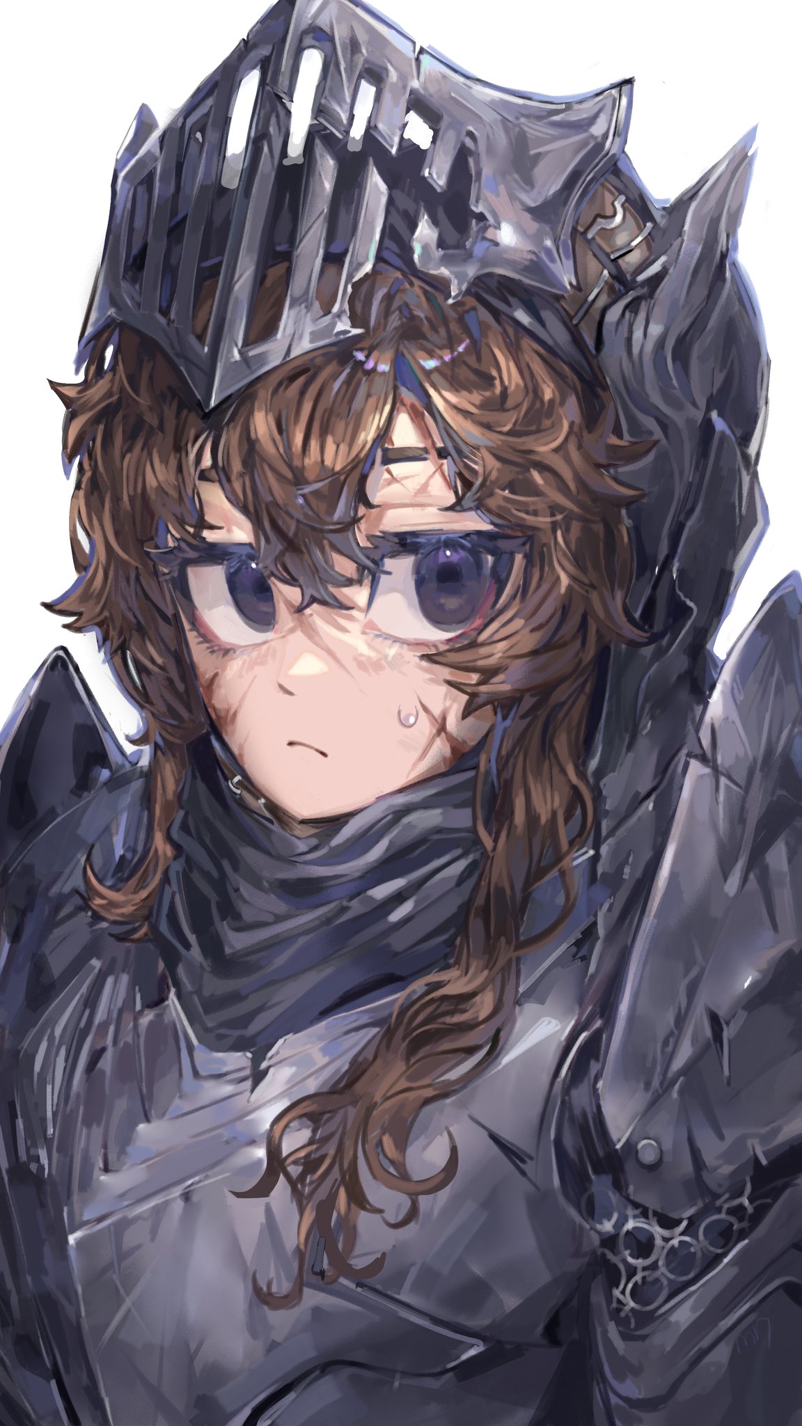 nameno92372763, original, highres, 1girl, :/, armor, blue eyes, broken armor, brown hair, eyelashes, knight, looking to the side, medium hair, portrait, simple background, solo, white background