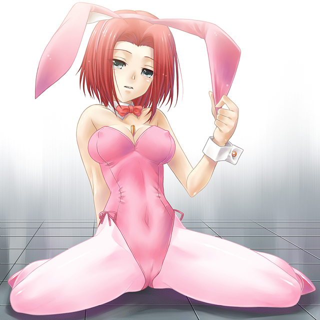 ayato, kouzuki kallen, code geass, 00s, 1girl, animal ears, between breasts, blue eyes, breasts, cameltoe, cleavage, fake animal ears, female focus, leotard, pantyhose, pink pantyhose, playboy bunny, rabbit ears, red hair, short hair, solo