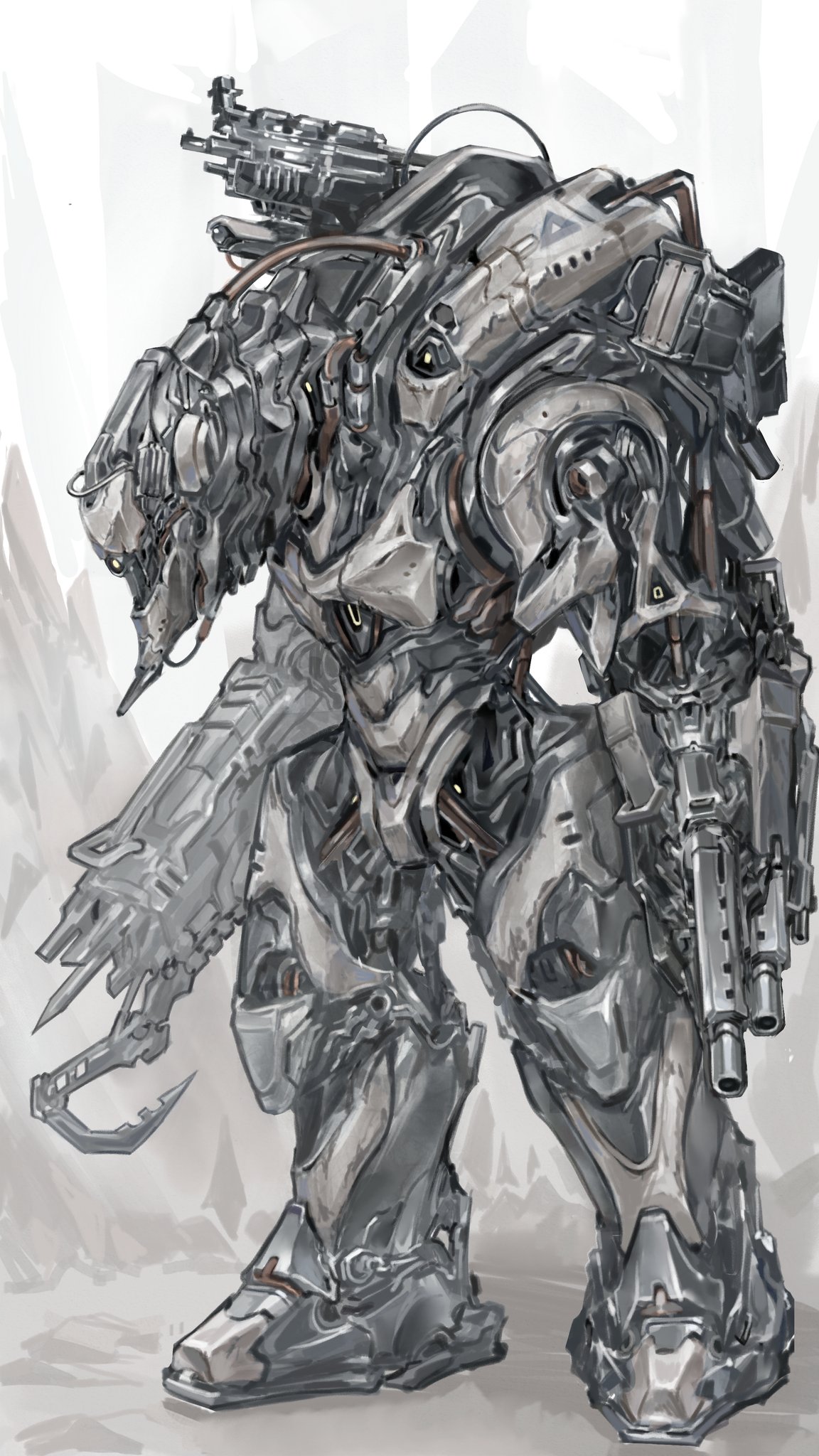 nameno92372763, original, highres, 1other, arm cannon, full body, hook hand, other focus, over shoulder, robot, standing, tube, weapon, weapon over shoulder, white background