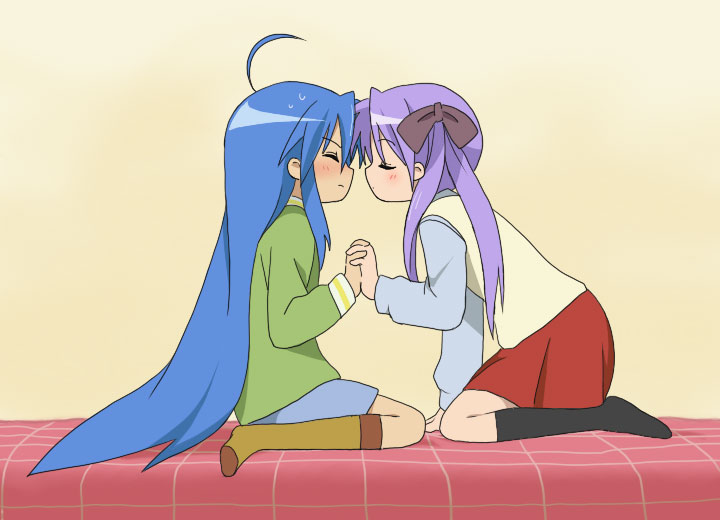 yuuya (musaishoku), hiiragi kagami, izumi konata, lucky star, bad id, bad pixiv id, 00s, 2girls, ahoge, blue hair, blush, closed eyes, feet, hair ribbon, holding hands, imminent kiss, kneeling, long hair, multiple girls, purple hair, ribbon, simple background, socks, very long hair, yuri