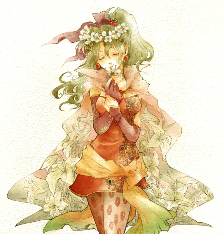yoki (artist), tina branford, final fantasy, final fantasy vi, traditional media, 1990s (style), 1girl, cape, closed eyes, cowboy shot, dress, earrings, female focus, flower, flower wreath, green hair, hair ribbon, head wreath, holding, holding flower, jewelry, lily (flower), long hair, pantyhose, ponytail, print pantyhose, retro artstyle, ribbon, short dress, solo