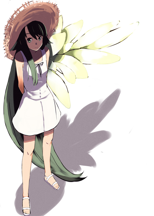 shiromiso, saya (saya no uta), saya no uta, bad id, bad pixiv id, green eyes, green hair, hat, long hair, solo, straw hat, very long hair