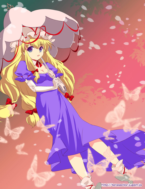 omuni, yakumo yukari, touhou, 1girl, breasts, dress, elbow gloves, female focus, gloves, gradient background, hat, parasol, solo, umbrella