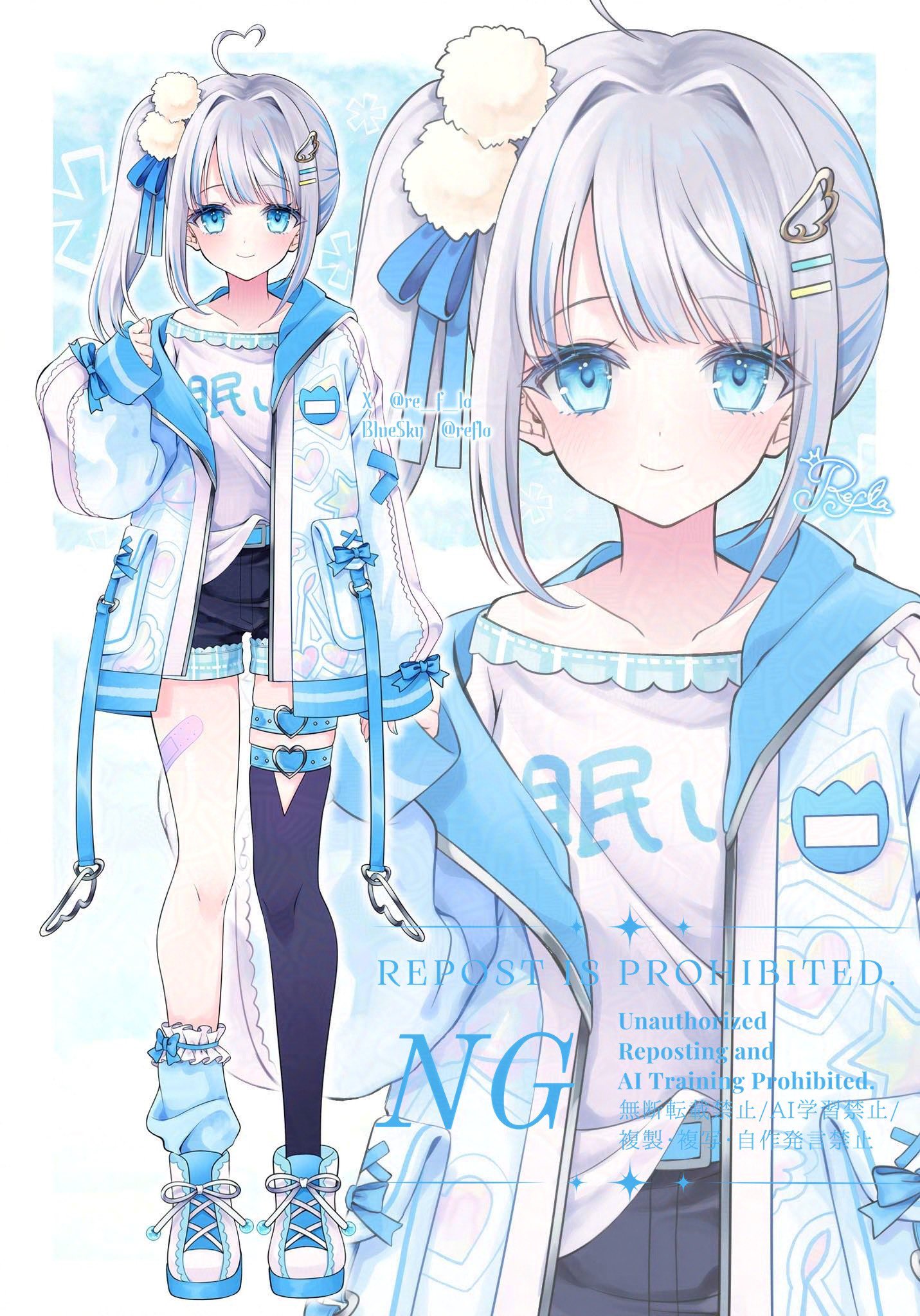 indie virtual youtuber, highres, 1girl, asymmetrical legwear, black shorts, blue eyes, blue hair, hair ornament, jacket, long sleeves, multicolored hair, off shoulder, open clothes, open jacket, puffy long sleeves, puffy sleeves, re f la, shirt, shorts, side ponytail, single thighhigh, sleeves past wrists, smile, streaked hair, thighhighs, virtual youtuber, white jacket, wing hair ornament, zoom layer