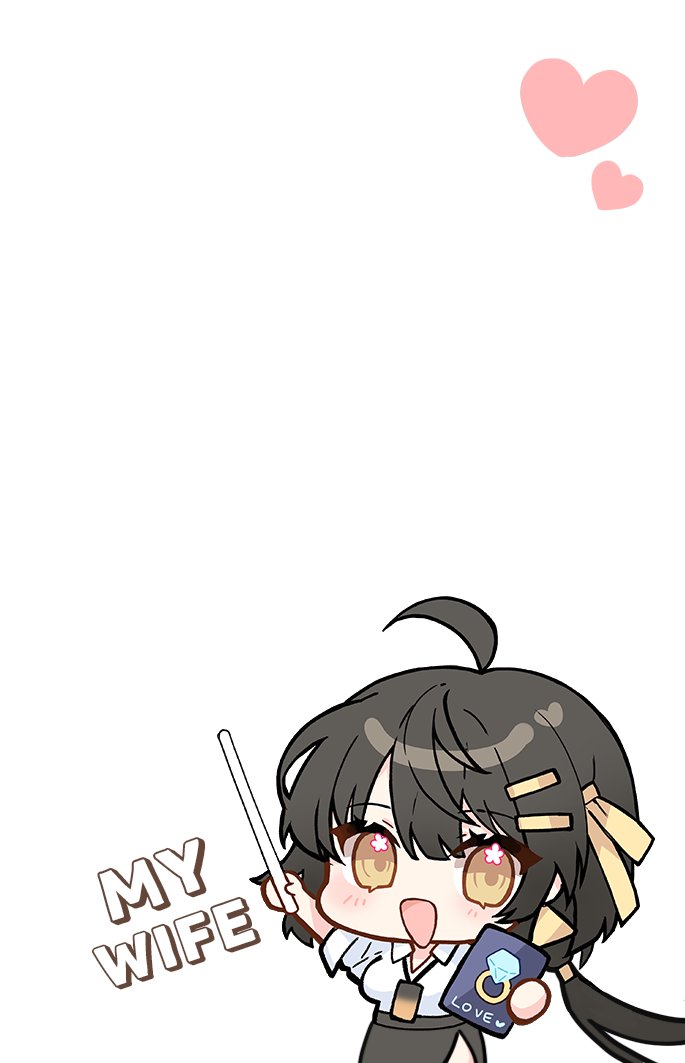 apple caramel, female rover (wuthering waves), rover (wuthering waves), wuthering waves, commentary, english commentary, 1girl, ahoge, black hair, black skirt, breasts, earrings, hair ornament, hair ribbon, hairclip, heart, holding, jewelry, long hair, looking at viewer, low ponytail, medium breasts, office lady, open mouth, parallel hairclips, ponytail, ribbon, shirt, simple background, skirt, smile, solo, template, triangle earrings, white background, white shirt, yellow eyes, yellow ribbon