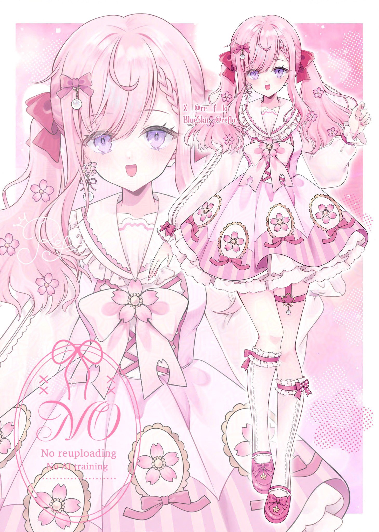original, highres, 1girl, bow, dress, earrings, flower, flower earrings, frills, hair bow, hair flower, hair ornament, jewelry, legwear garter, long hair, long sleeves, open mouth, pink dress, pink hair, pink theme, purple eyes, re f la, sailor collar, smile, socks, twintails, white socks, zoom layer