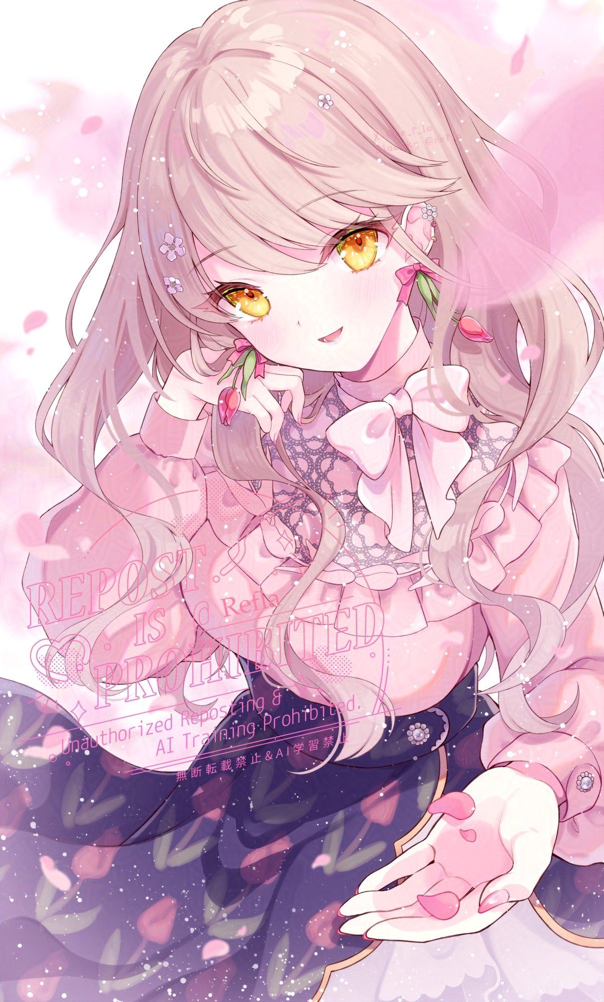 original, highres, 1girl, black skirt, blush, bow, breasts, earrings, flower, flower earrings, hair flower, hair ornament, jewelry, long hair, long sleeves, looking at viewer, open mouth, petals, pink shirt, puffy long sleeves, puffy sleeves, re f la, shirt, skirt, smile, solo, white bow, yellow eyes