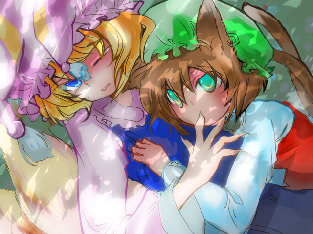 narumi (momo27), narumi (uminari), chen, narumi, yakumo ran, touhou, 2girls, animal ears, blonde hair, blue hair, brown hair, cat ears, cat girl, cat tail, earrings, female focus, fox tail, green eyes, hat, jewelry, multiple girls, multiple tails, short hair, tail