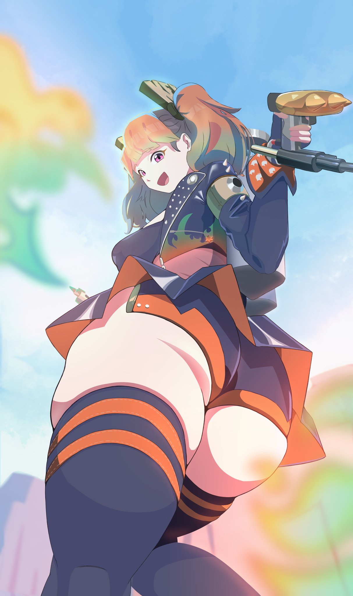 burnice white, takanashi kiara, hololive, hololive english, zenless zone zero, highres, 1girl, ass, belt, black gloves, black jacket, black skirt, black tube top, breasts, burnice white (cosplay), cosplay, crop top, fingerless gloves, flamethrower, gloves, gradient hair, green hair, high-waist skirt, holding, holding flamethrower, holding weapon, jacket, large breasts, leather, leather jacket, long sleeves, miniskirt, multicolored hair, open mouth, orange hair, pleated skirt, purple eyes, sababa (sabababo12), short hair, skirt, smile, solo, strapless, thigh belt, thigh strap, thighs, tube top, twintails, weapon